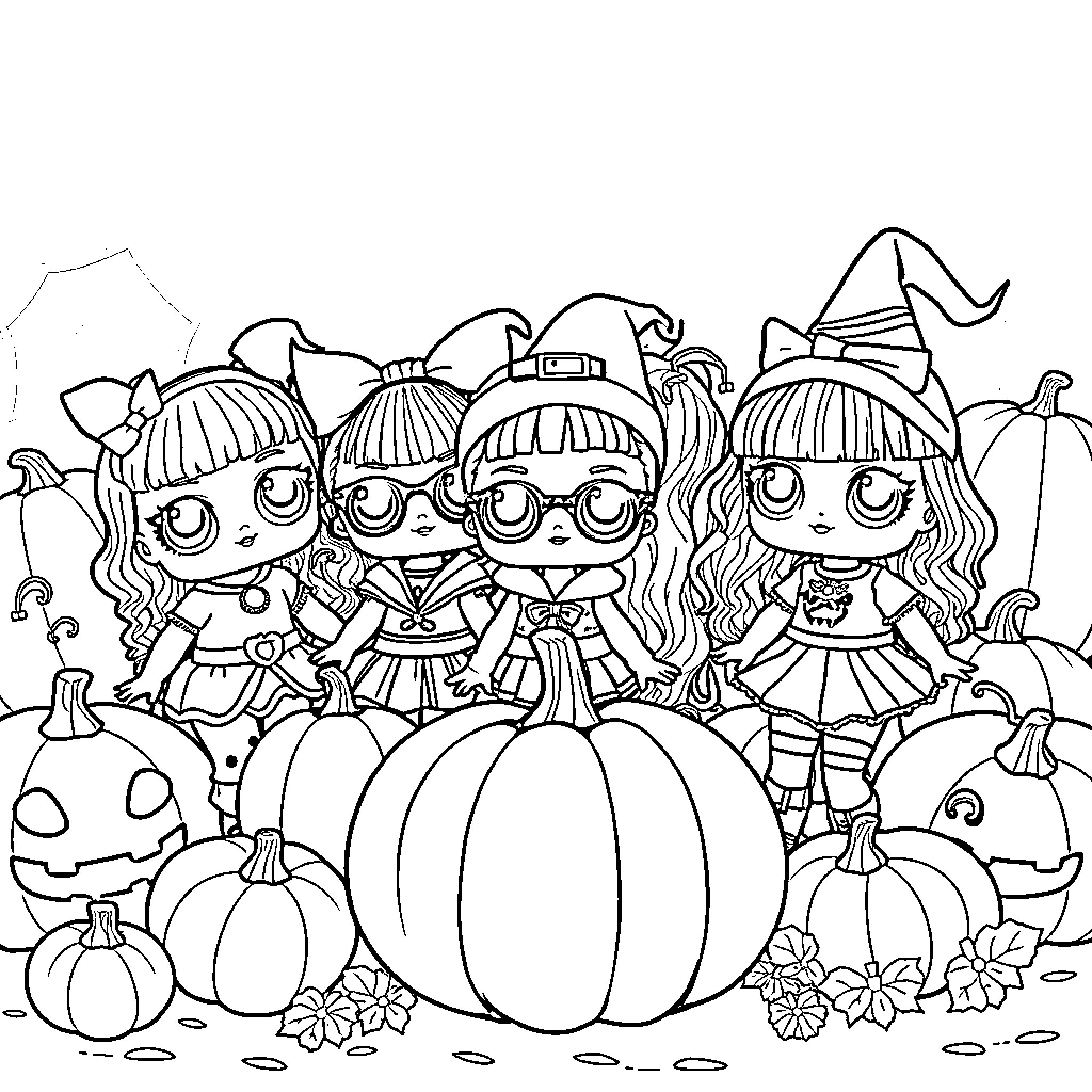 Lol Doll characters celebrate Halloween together Coloring Page (free black-and-white line drawing printable PDF for all, from beginners to advanced learners, including children, teens, adults, and seniors)