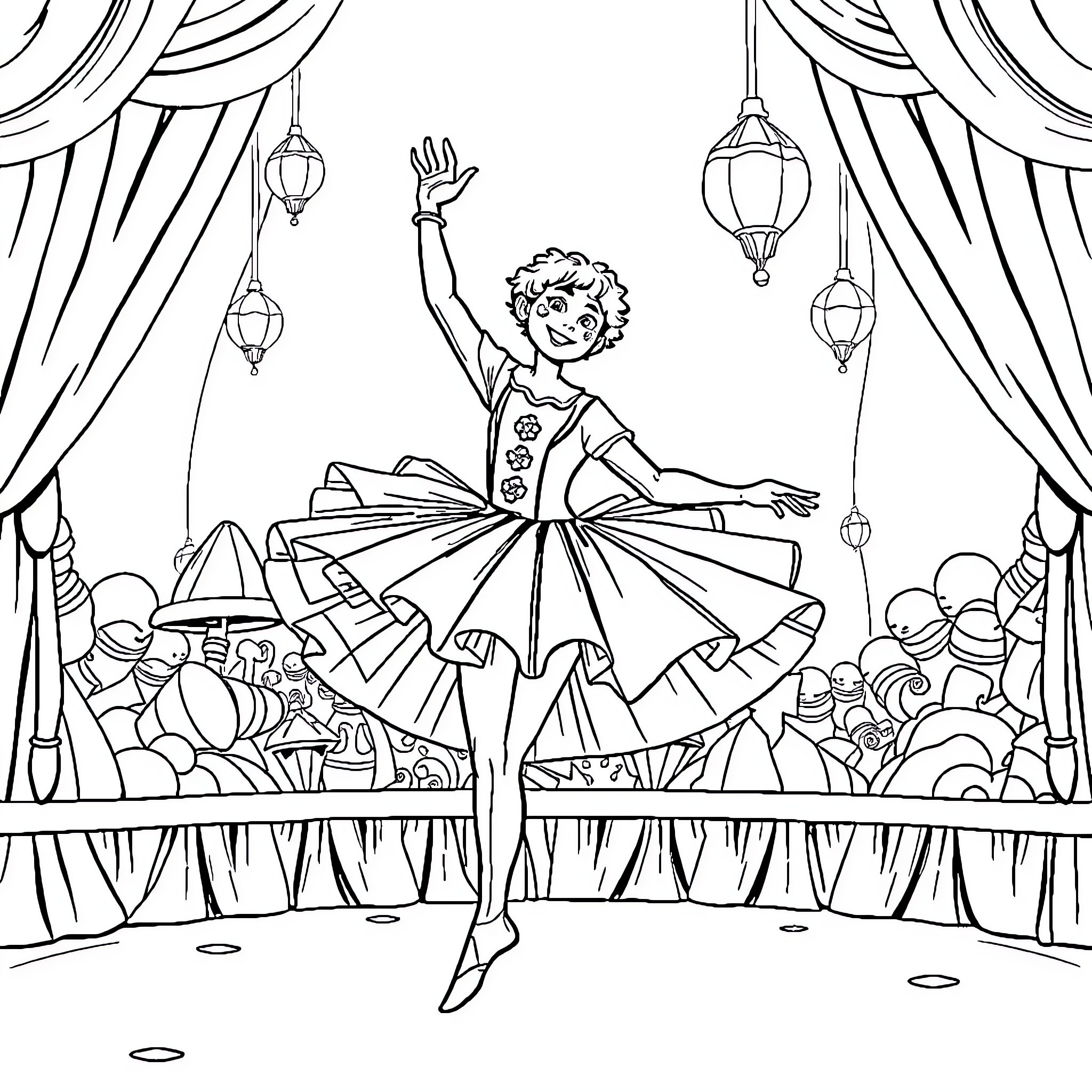 Fabien Galtier performing on stage with costumes and props Coloring Page (free black-and-white line drawing printable PDF for all, from beginners to advanced learners, including children, teens, adults, and seniors)