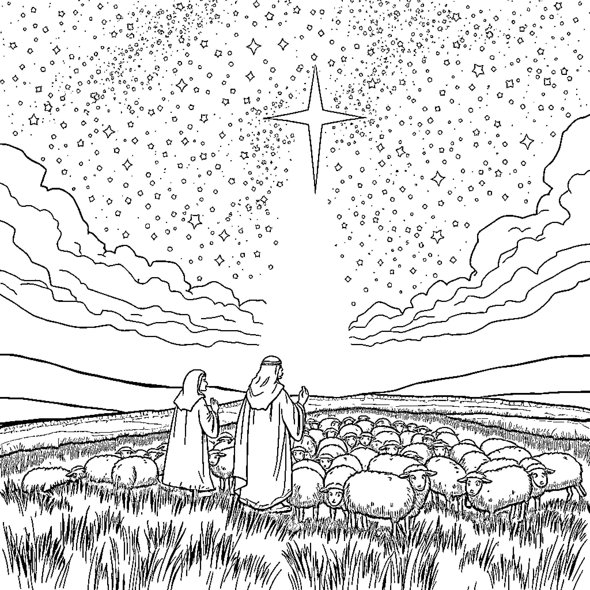 Shepherd leading flock under starry night sky Coloring Page (free black-and-white line drawing printable PDF for all, from beginners to advanced learners, including children, teens, adults, and seniors)