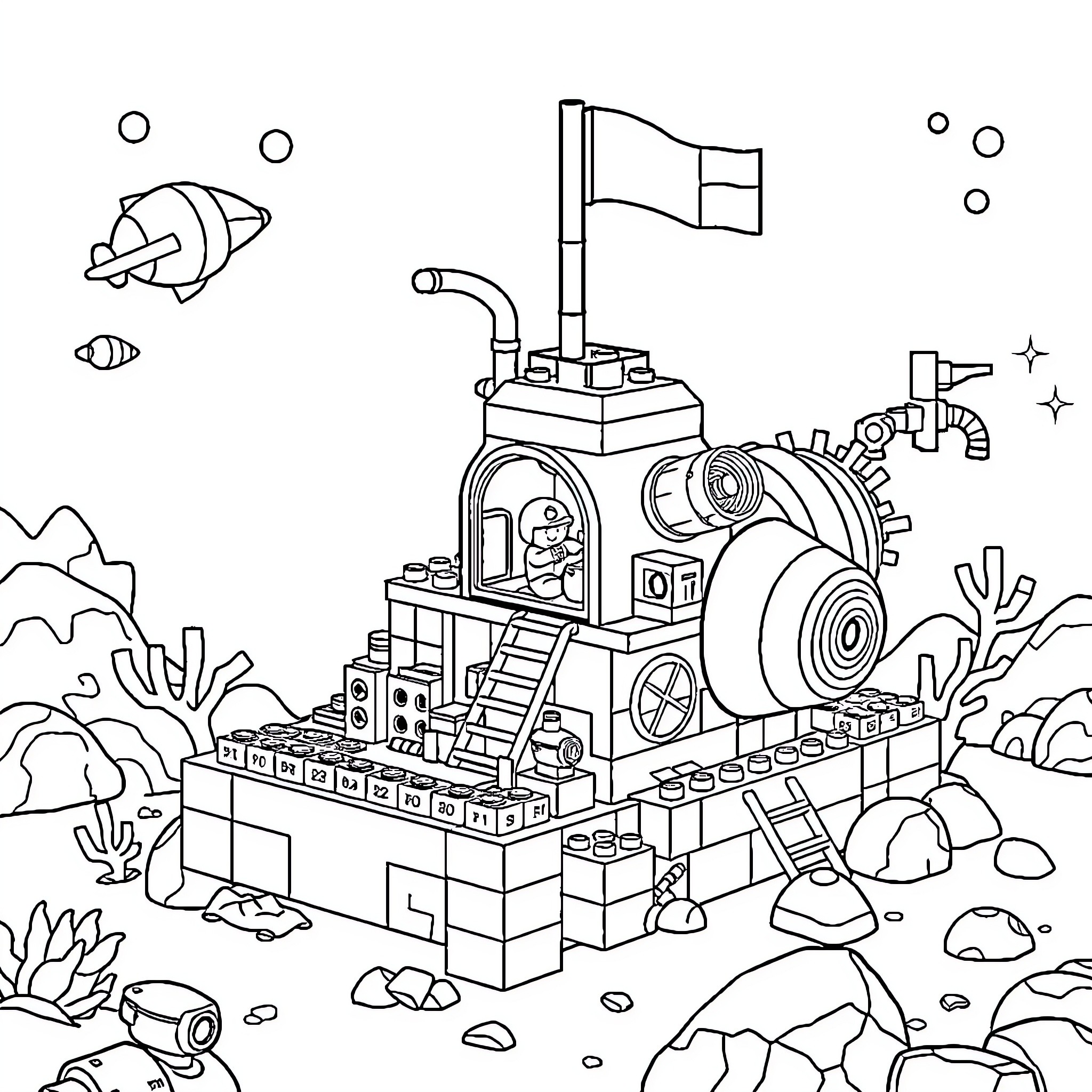 Submarine Exploration Adventure with Lego-like Underwater Vessel Coloring Page (free black-and-white line drawing printable PDF for all, from beginners to advanced learners, including children, teens, adults, and seniors)