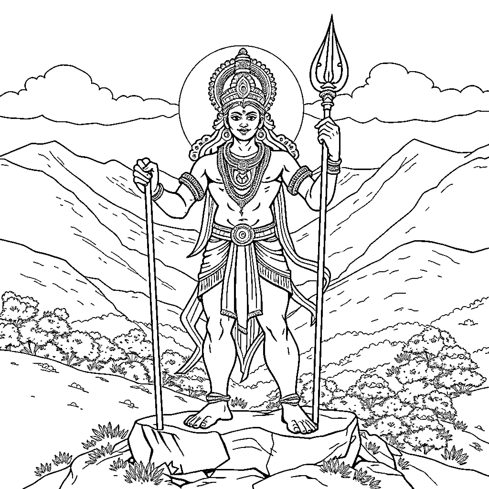 Murugan standing majestically holding a divine trident and staff Coloring Page (free black-and-white line drawing printable PDF for all, from beginners to advanced learners, including children, teens, adults, and seniors)