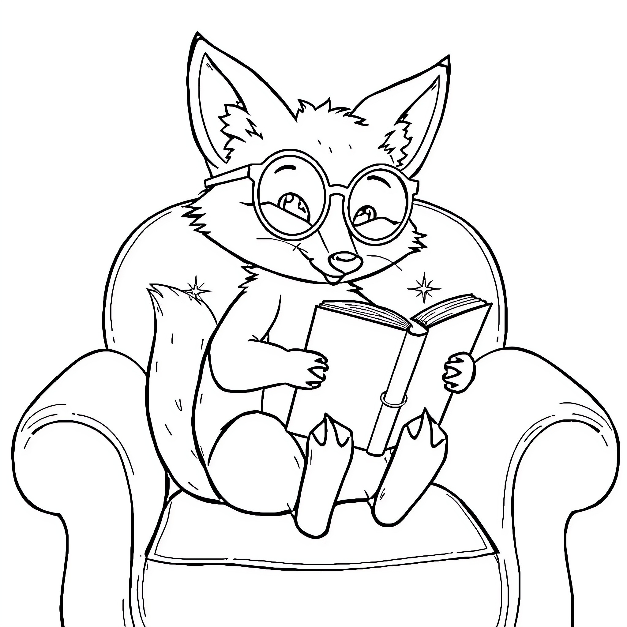 Fox reading a book while relaxing on the armchair Coloring Page (free black-and-white line drawing printable PDF for all, from beginners to advanced learners, including children, teens, adults, and seniors)