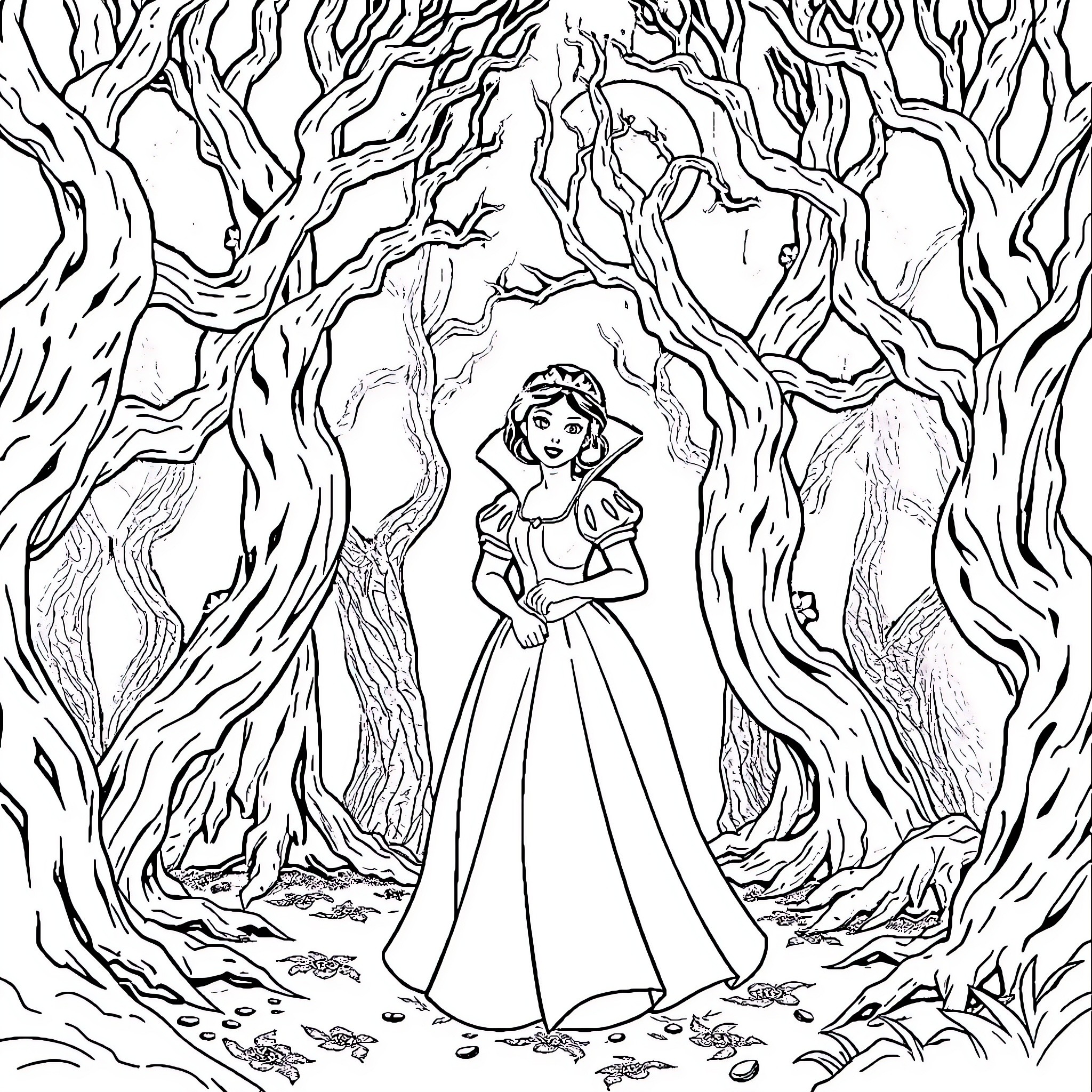 Snow White exploring the enchanted forest Coloring Page (free black-and-white line drawing printable PDF for all, from beginners to advanced learners, including children, teens, adults, and seniors)