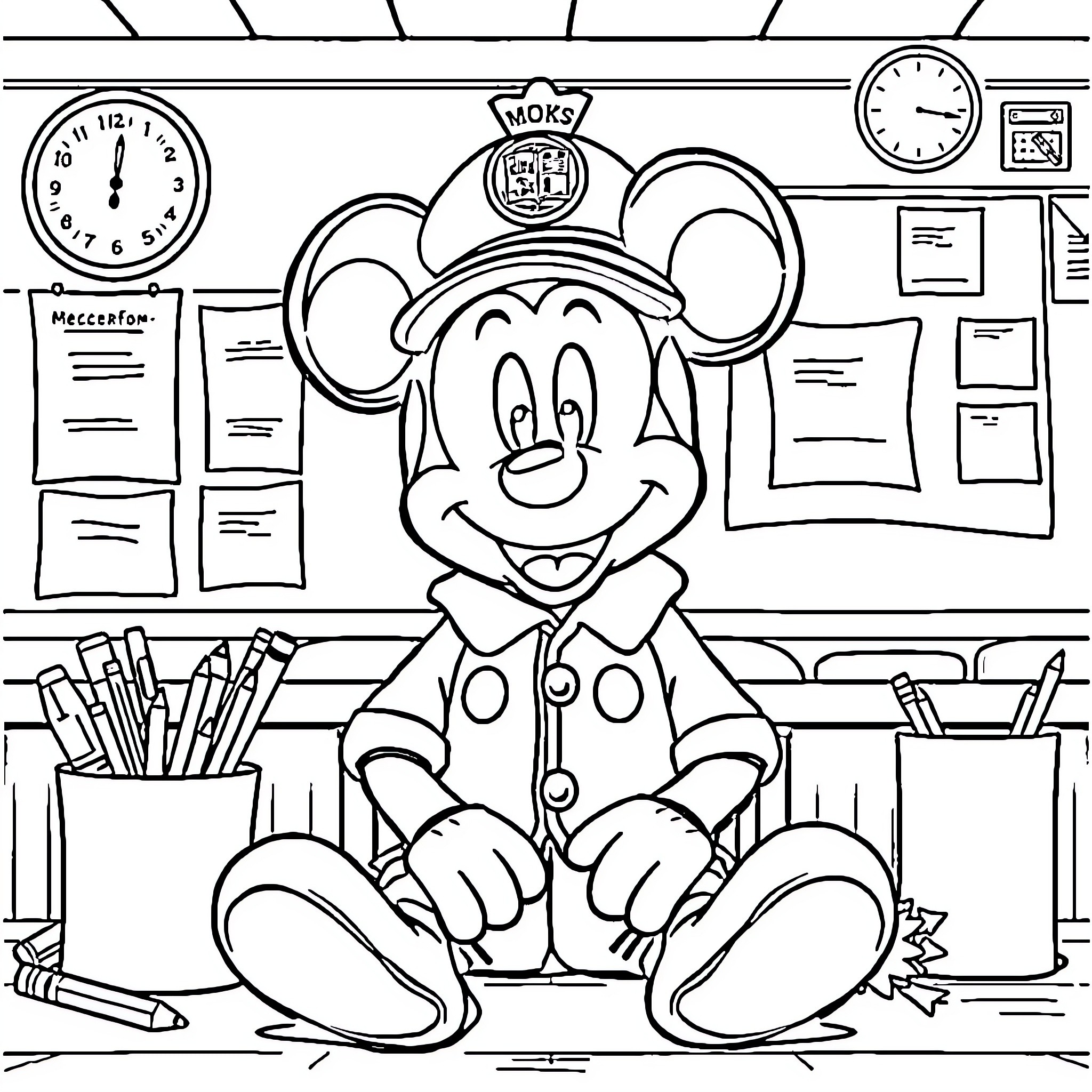 Mickey Mouse in the Classroom Coloring Page (free black-and-white line drawing printable PDF for all, from beginners to advanced learners, including children, teens, adults, and seniors)