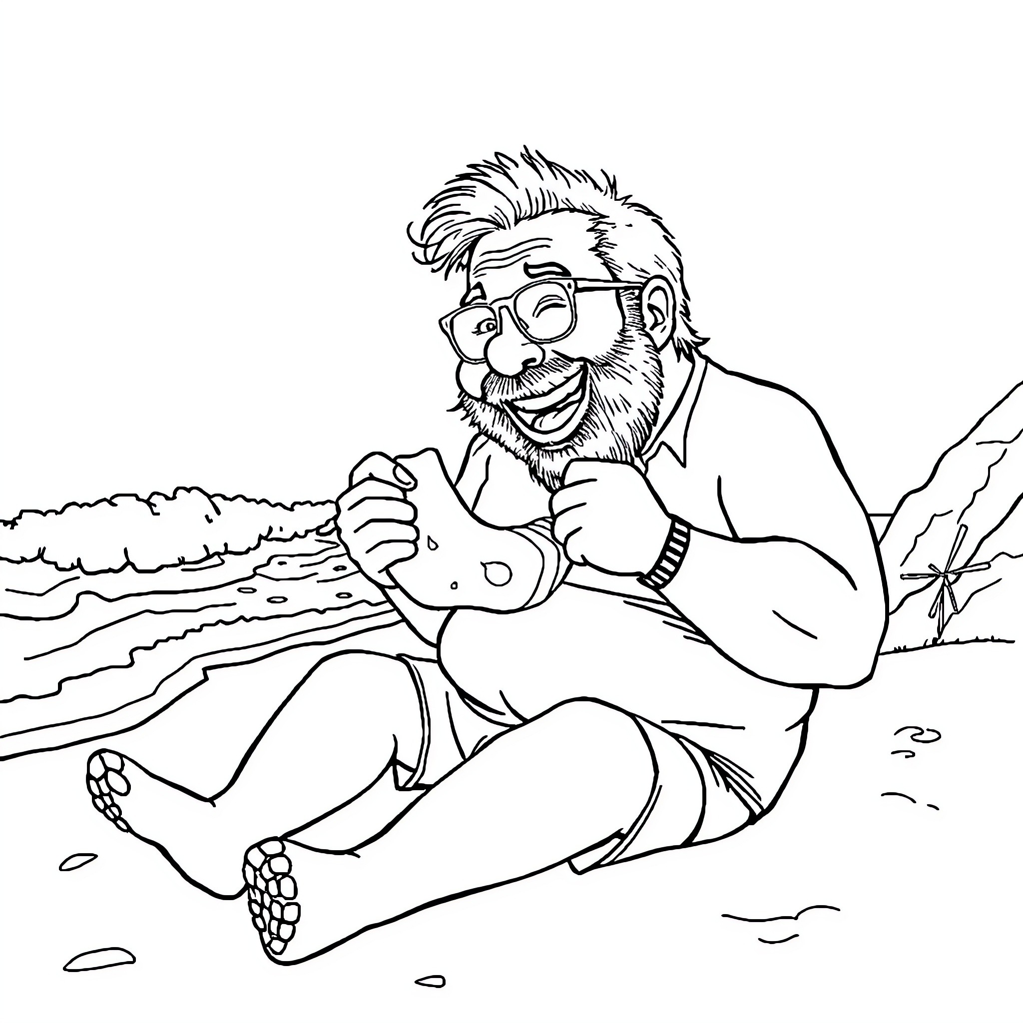 Danny DeVito relaxing on the beach Coloring Page (free black-and-white line drawing printable PDF for all, from beginners to advanced learners, including children, teens, adults, and seniors)