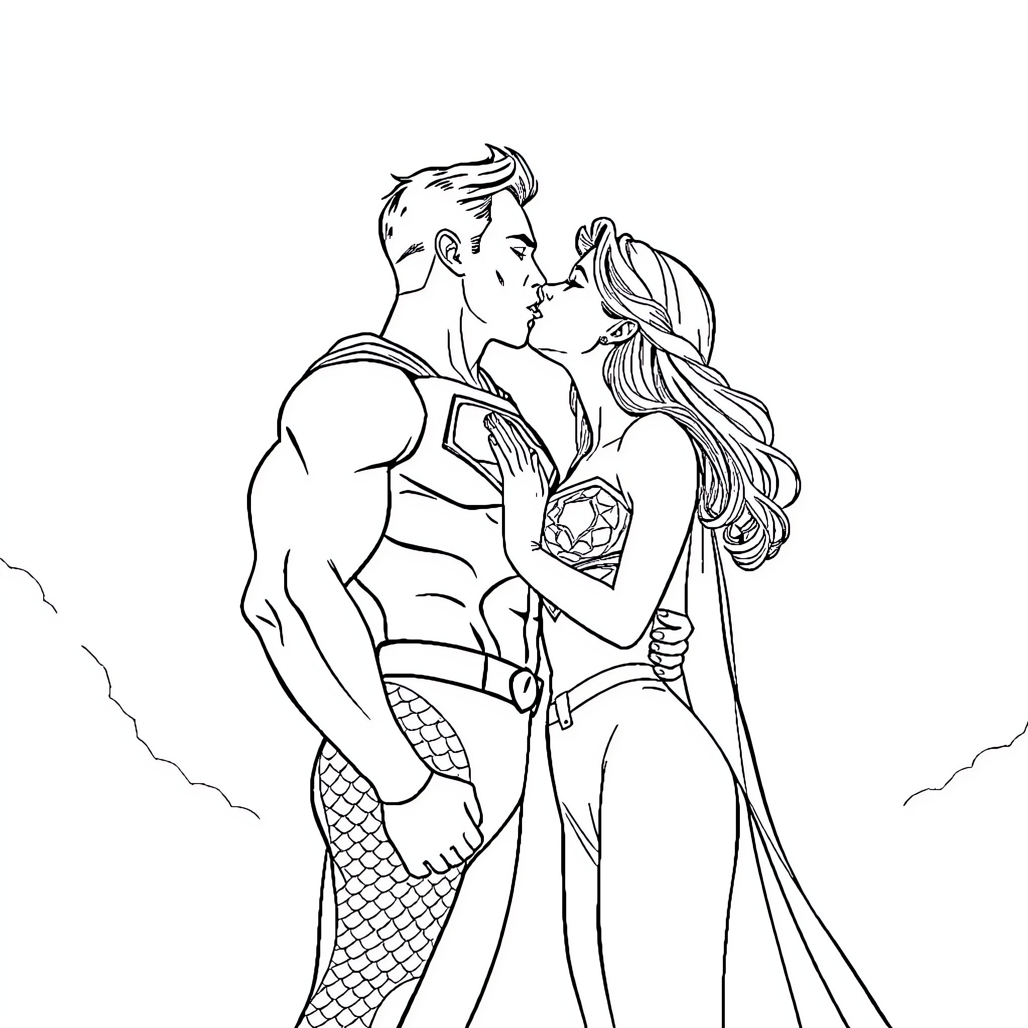 Mermaid lovers embrace affectionately Coloring Page (free black-and-white line drawing printable PDF for all, from beginners to advanced learners, including children, teens, adults, and seniors)