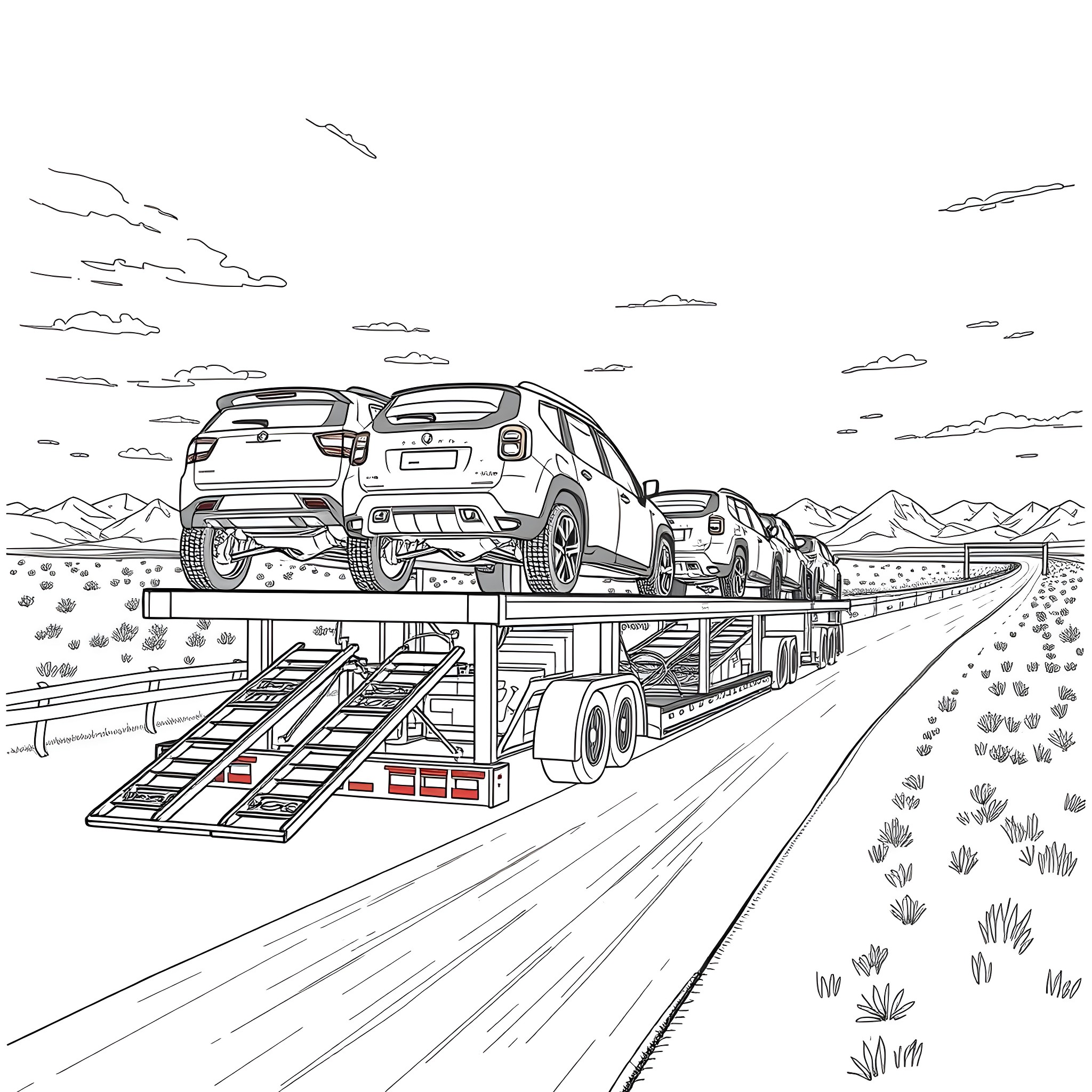 Car Hauler Transporting Vehicles in the Desert Landscape Coloring Page (free black-and-white line drawing printable PDF for all, from beginners to advanced learners, including children, teens, adults, and seniors)