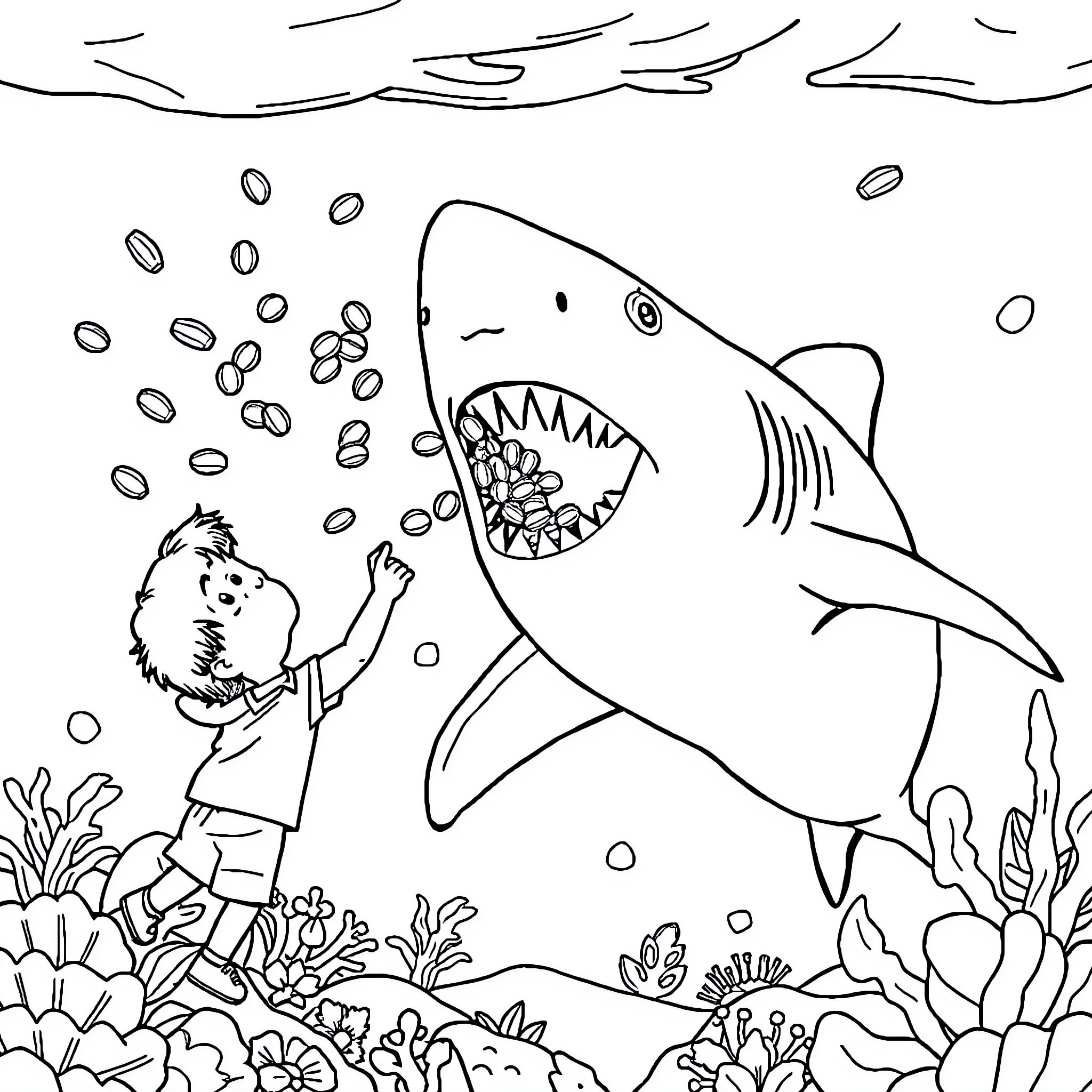 Kid exploring the underwater world with a shark Coloring Page (free black-and-white line drawing printable PDF for all, from beginners to advanced learners, including children, teens, adults, and seniors)