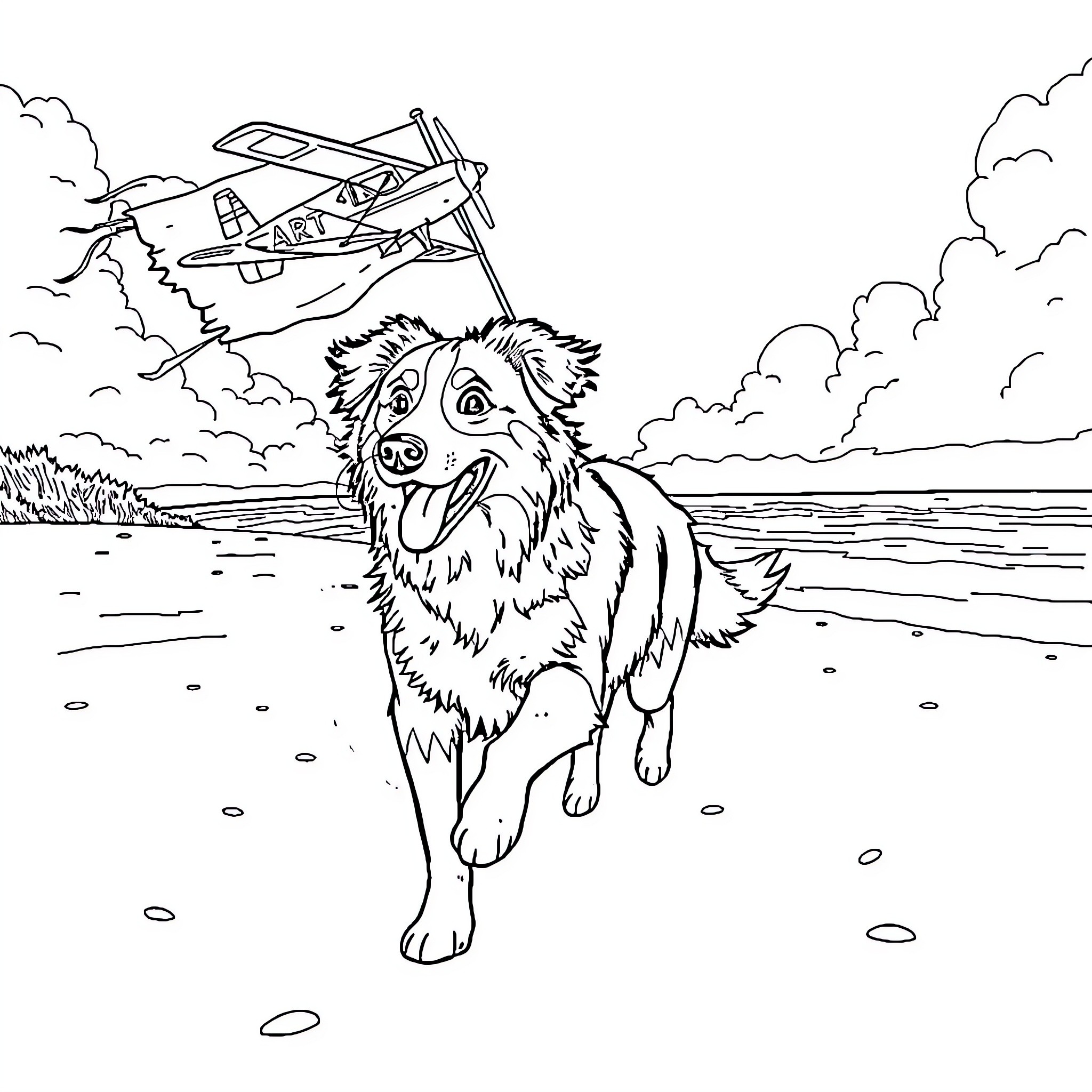 Australian Shepherd enjoying the outdoors with airplane Coloring Page (free black-and-white line drawing printable PDF for all, from beginners to advanced learners, including children, teens, adults, and seniors)