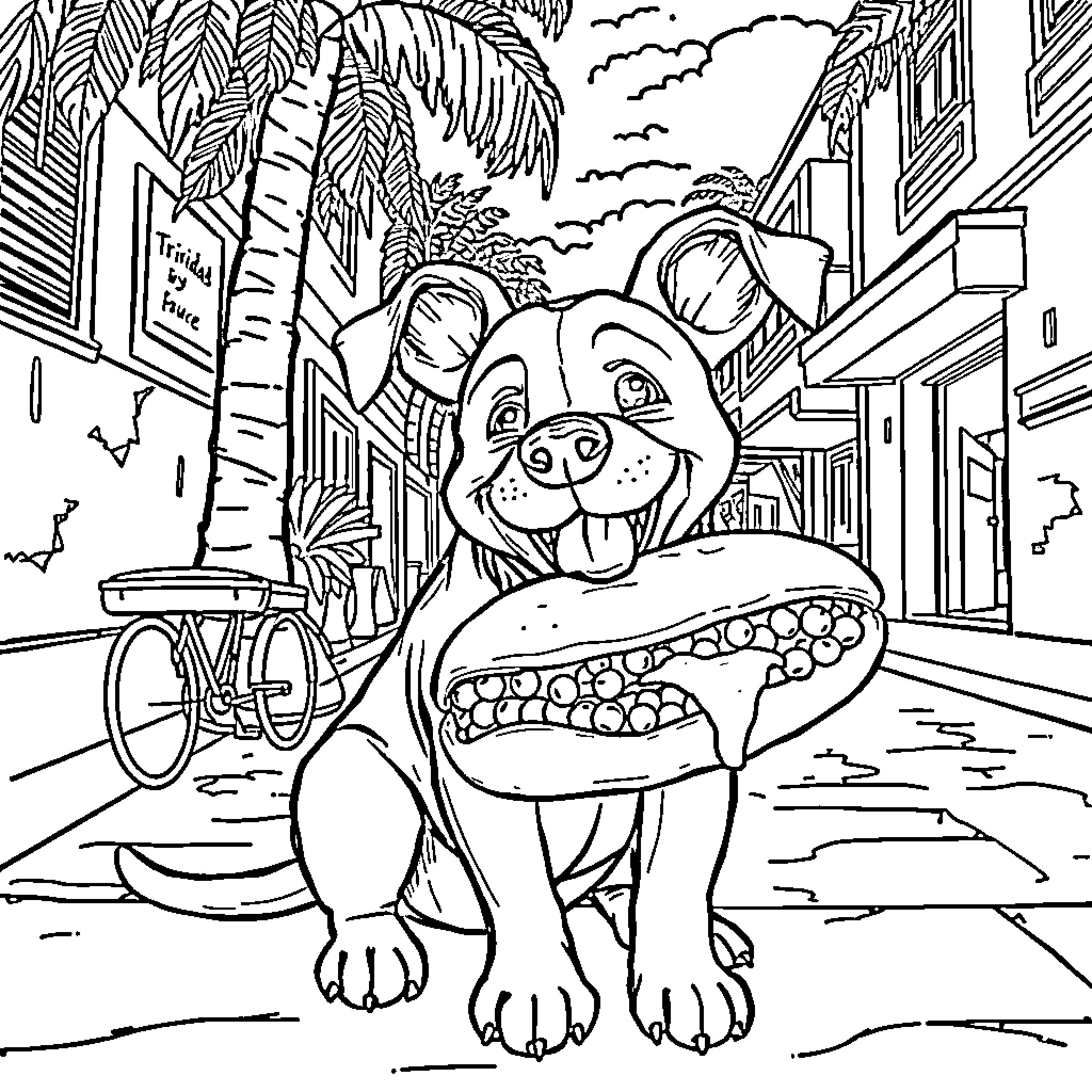 Dog exploring a tropical town street Coloring Page (free black-and-white line drawing printable PDF for all, from beginners to advanced learners, including children, teens, adults, and seniors)