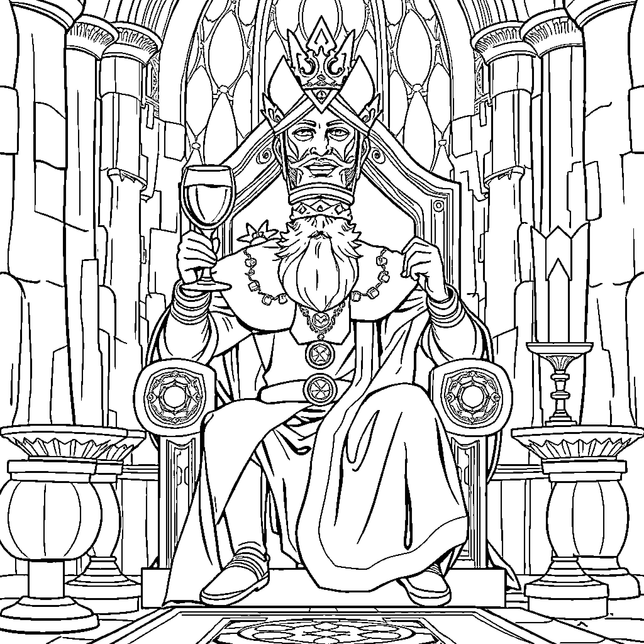 King enthroned in majestic castle hall Coloring Page (free black-and-white line drawing printable PDF for all, from beginners to advanced learners, including children, teens, adults, and seniors)