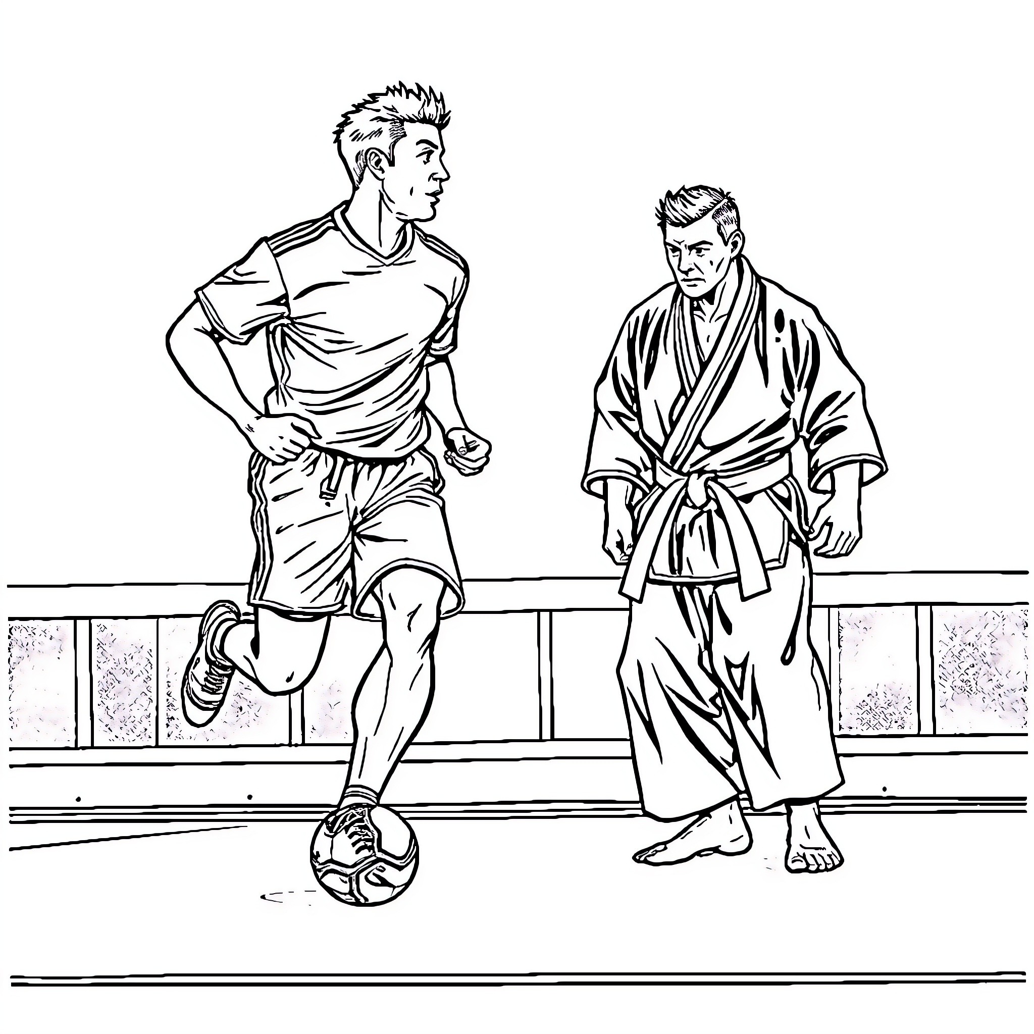 Athlete soccer player and karate martial artist Coloring Page (free black-and-white line drawing printable PDF for all, from beginners to advanced learners, including children, teens, adults, and seniors)