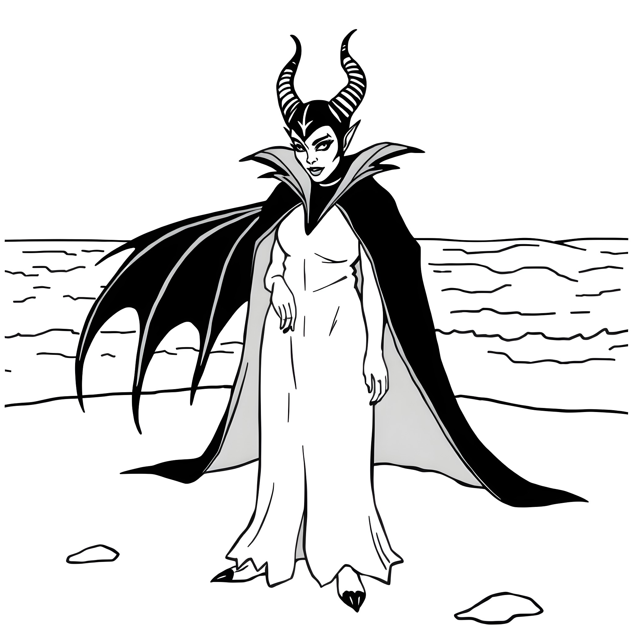 Maleficent in an Ominous Coastal Scene Coloring Page (free black-and-white line drawing printable PDF for all, from beginners to advanced learners, including children, teens, adults, and seniors)