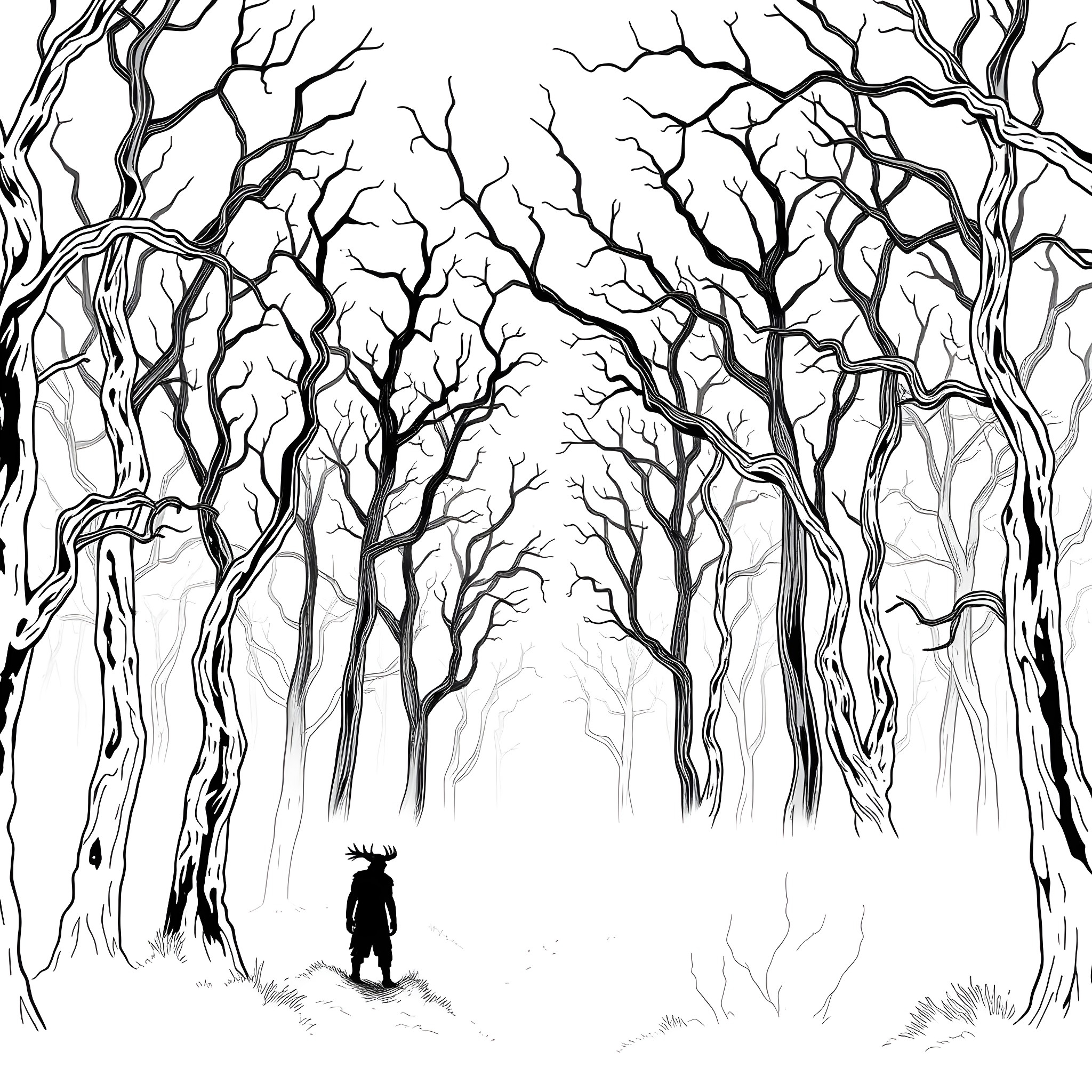 Wendigo wandering through a haunting forest Coloring Page (free black-and-white line drawing printable PDF for all, from beginners to advanced learners, including children, teens, adults, and seniors)