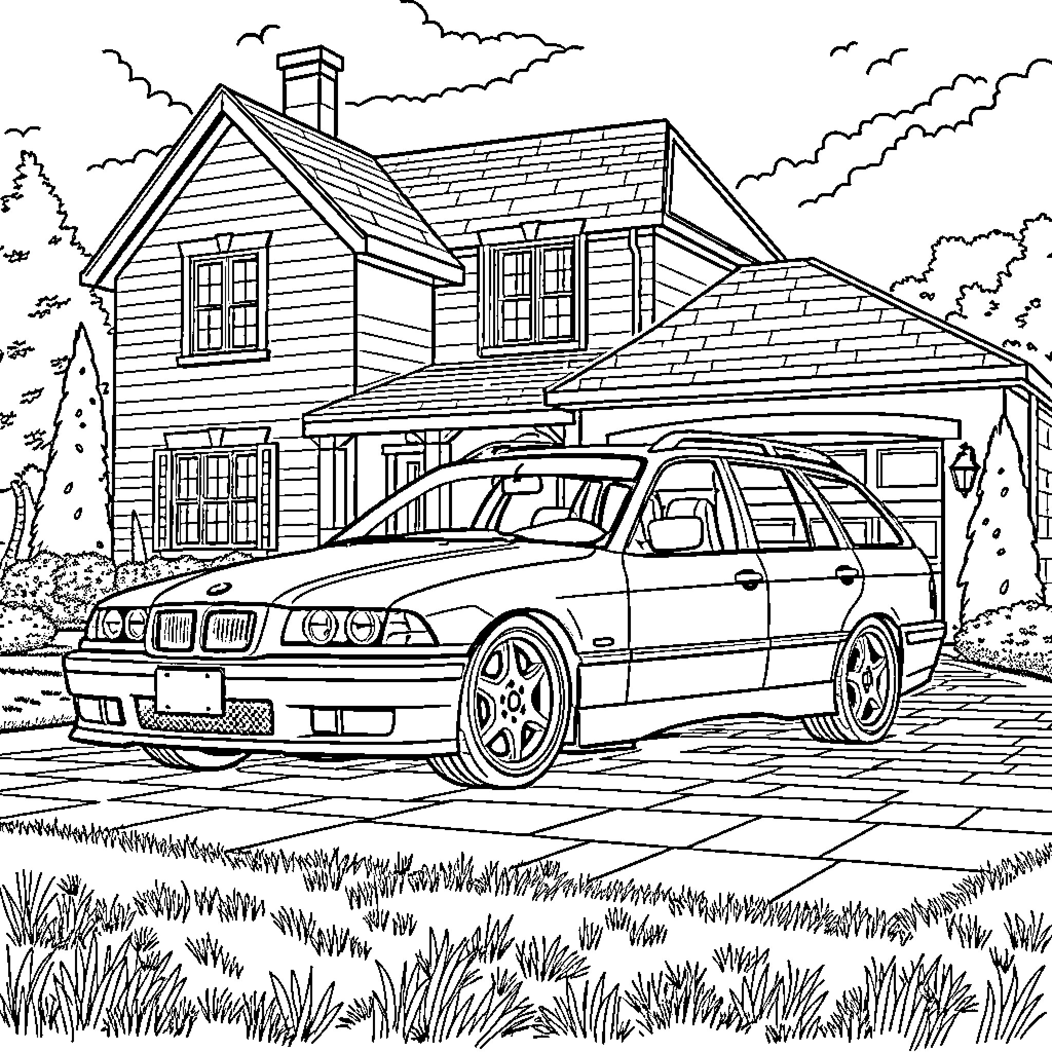 BMW station wagon parked in front of a house Coloring Page (free black-and-white line drawing printable PDF for all, from beginners to advanced learners, including children, teens, adults, and seniors)