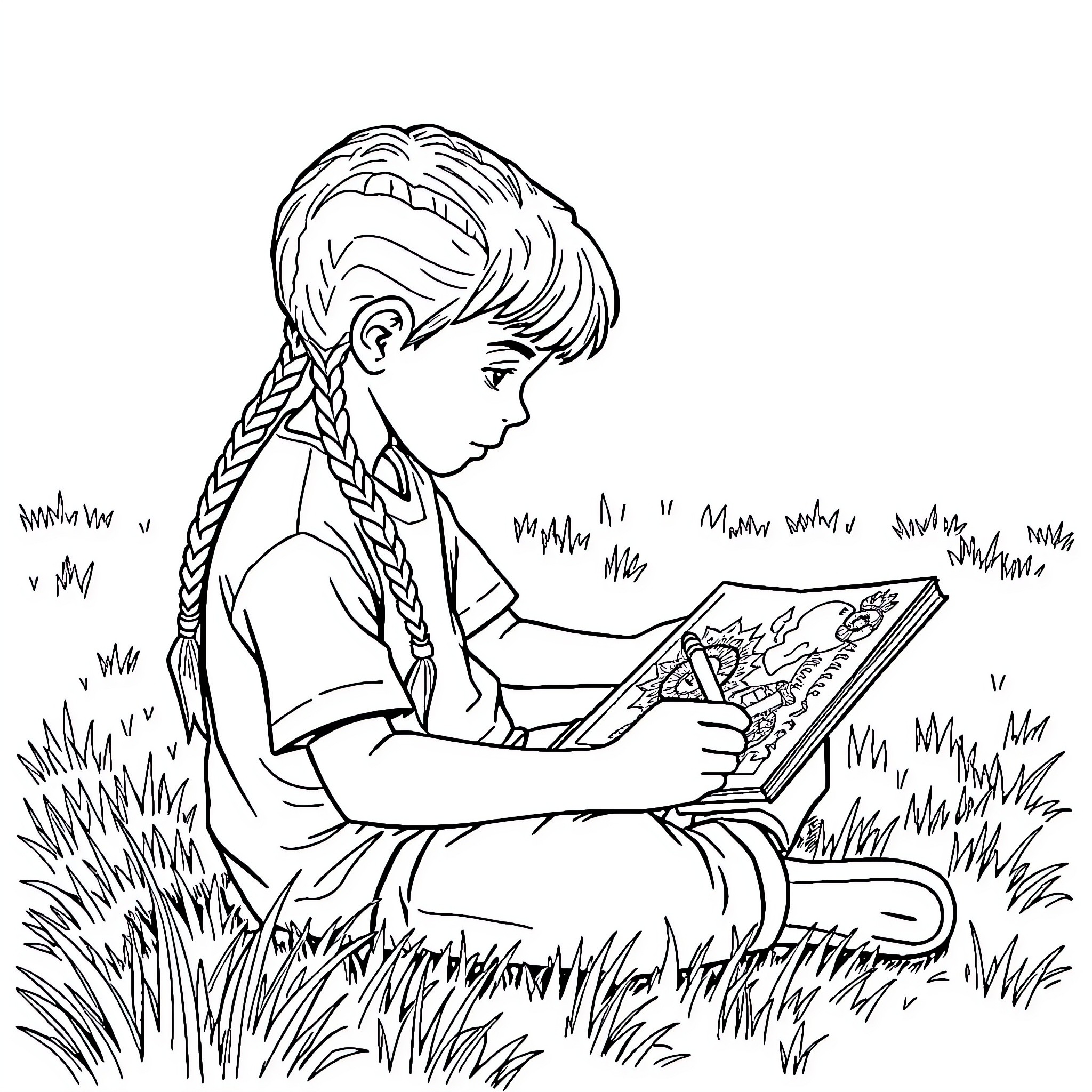 Boy intently reading a storybook in the grass Coloring Page (free black-and-white line drawing printable PDF for all, from beginners to advanced learners, including children, teens, adults, and seniors)