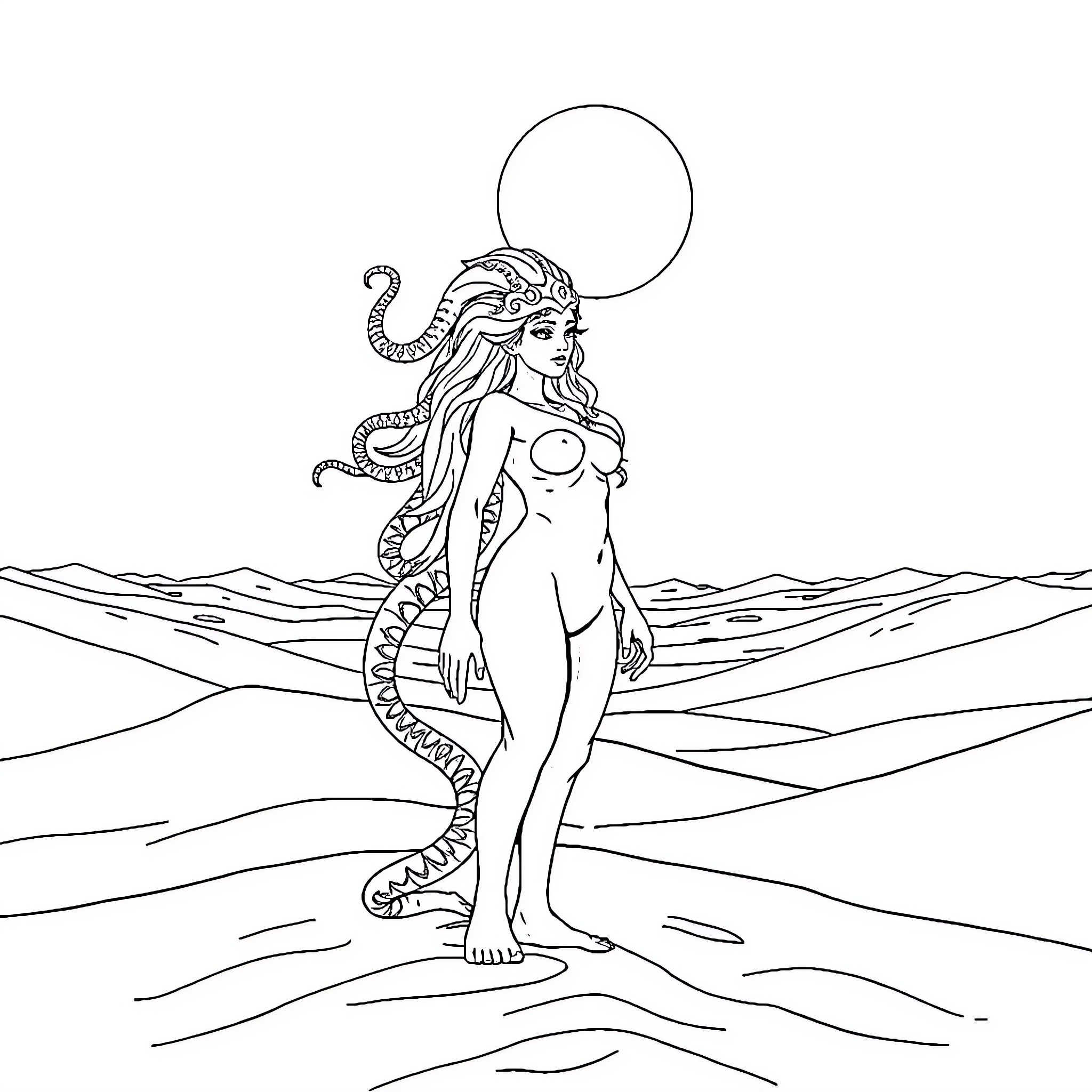 Medusa posing with serpents in the desert Coloring Page (free black-and-white line drawing printable PDF for all, from beginners to advanced learners, including children, teens, adults, and seniors)