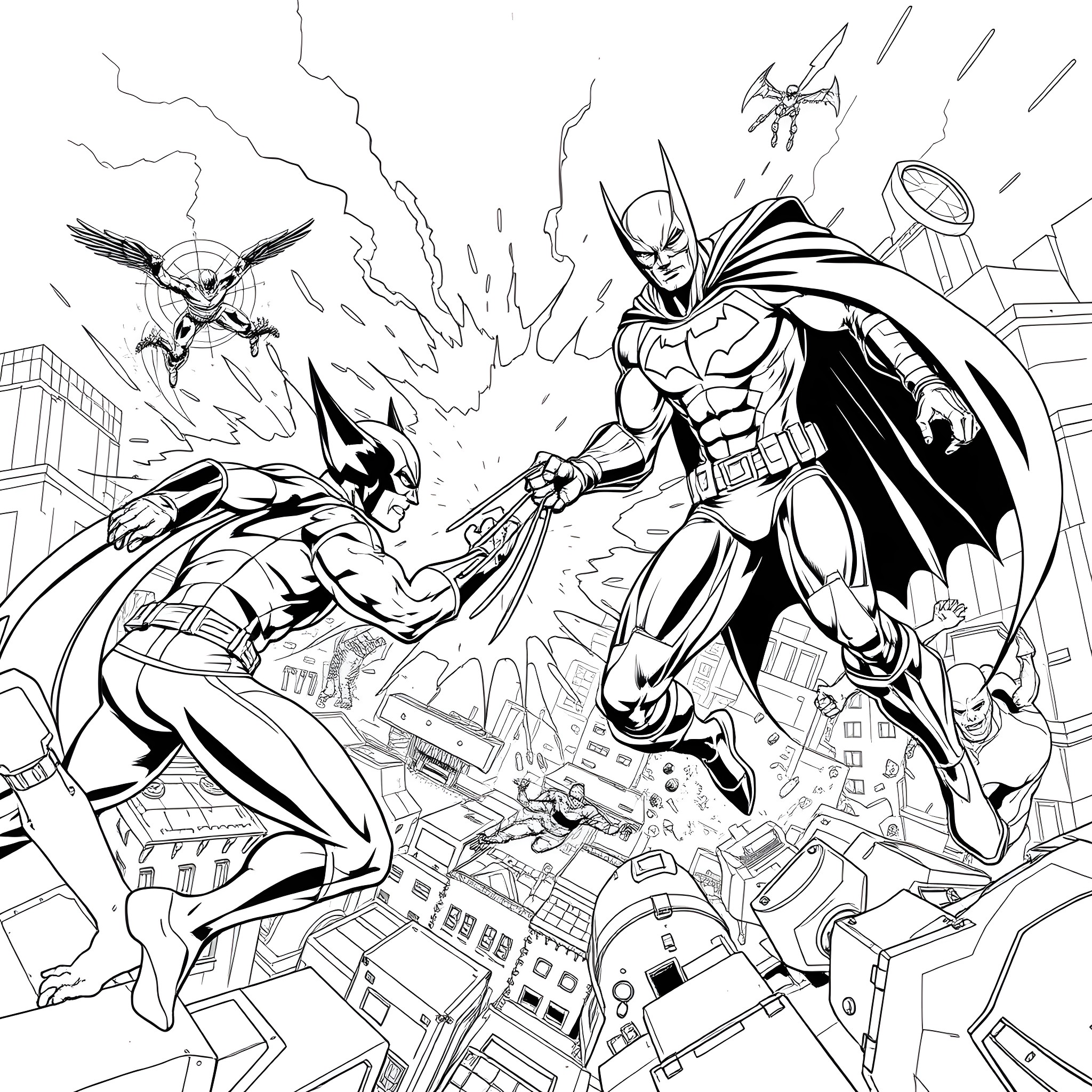 Superhero battle against villains in the city Coloring Page (free black-and-white line drawing printable PDF for all, from beginners to advanced learners, including children, teens, adults, and seniors)