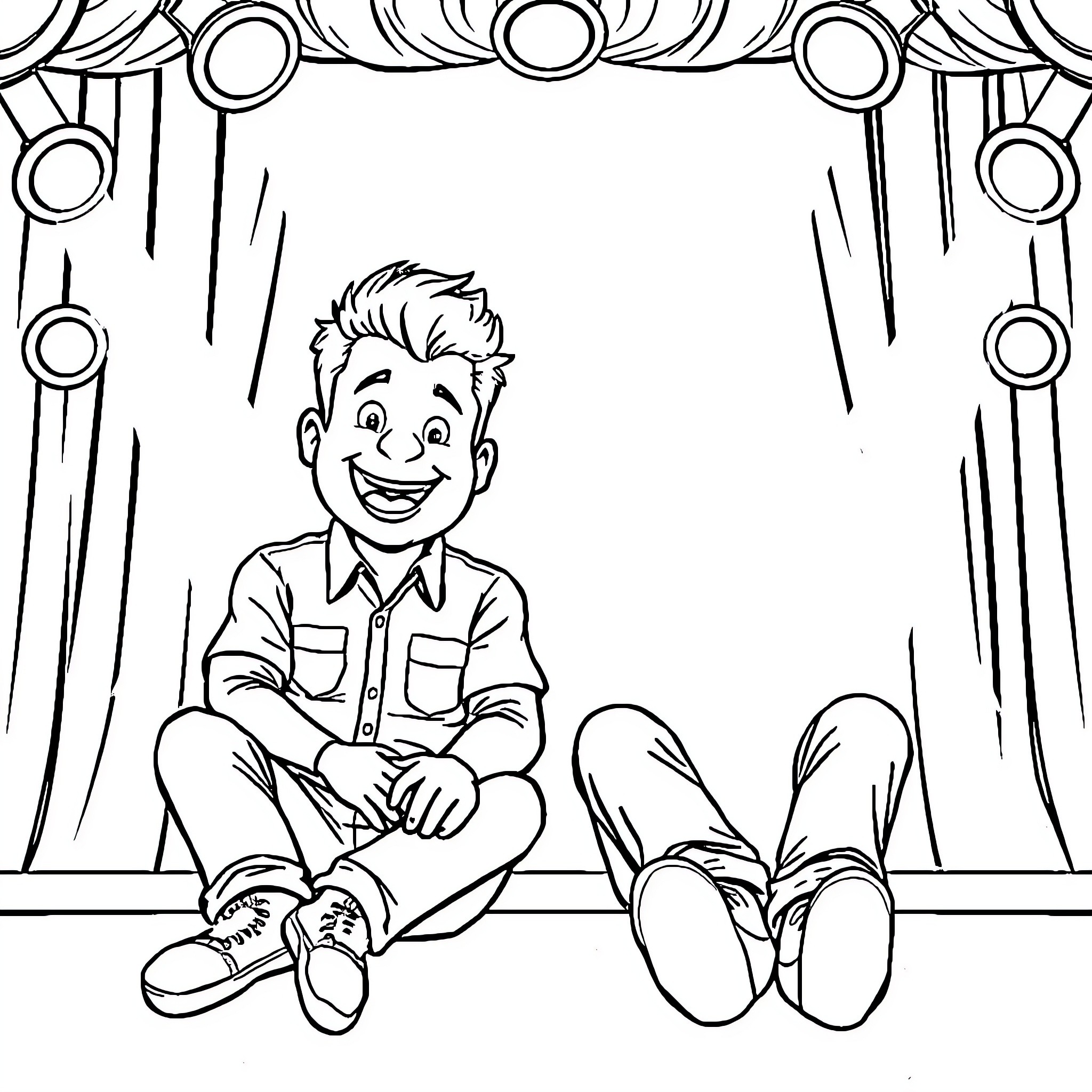Clay figure of happy boy on stage Coloring Page (free black-and-white line drawing printable PDF for all, from beginners to advanced learners, including children, teens, adults, and seniors)