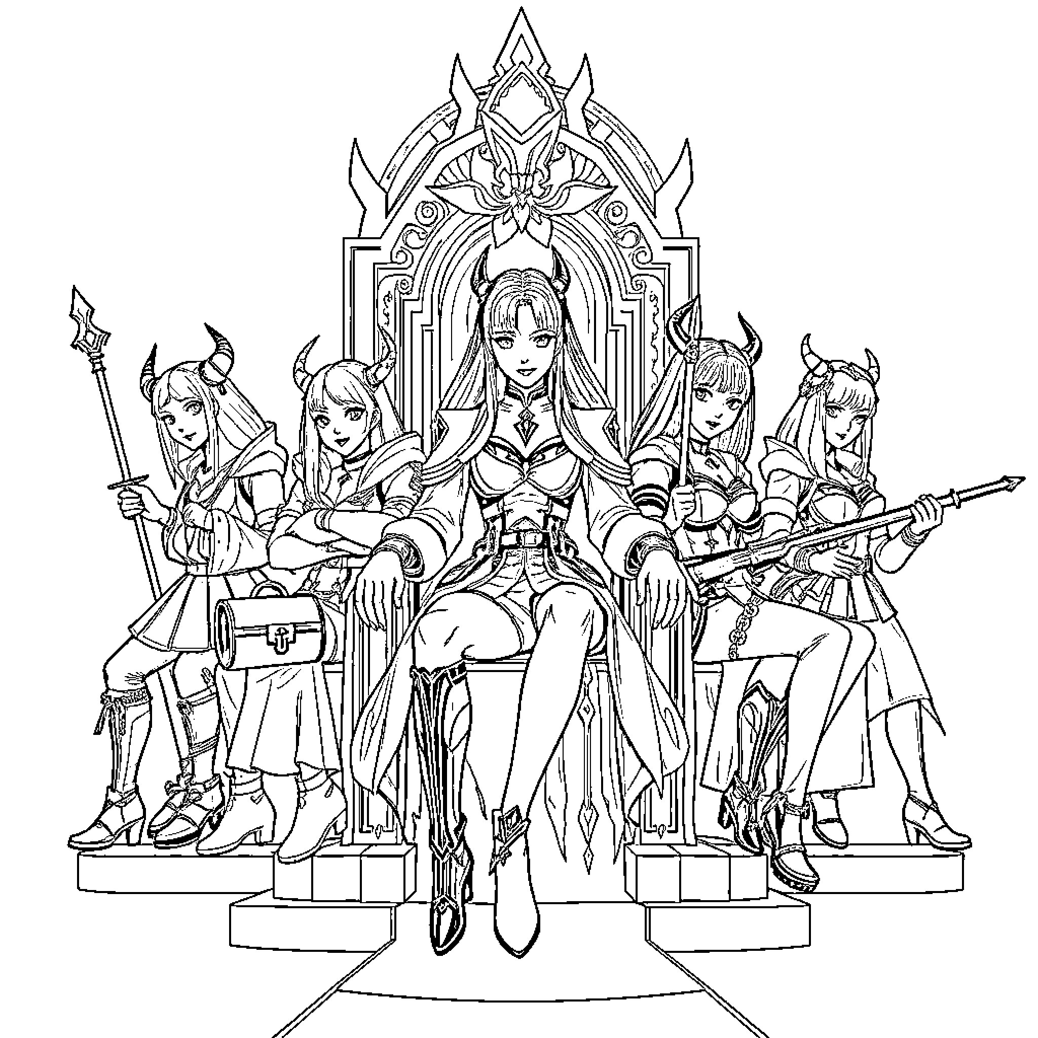 Rumi's Fantastical Warrior Allies Coloring Page (free black-and-white line drawing printable PDF for all, from beginners to advanced learners, including children, teens, adults, and seniors)