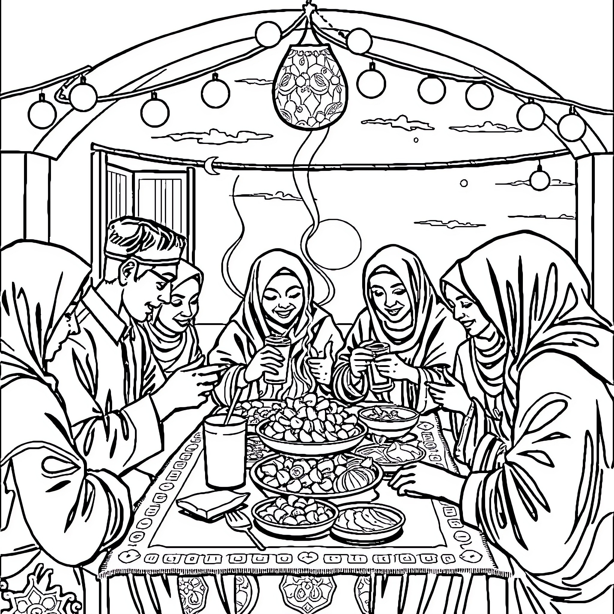 Tung Tung Family Gathering under Lanterns Coloring Page (free black-and-white line drawing printable PDF for all, from beginners to advanced learners, including children, teens, adults, and seniors)