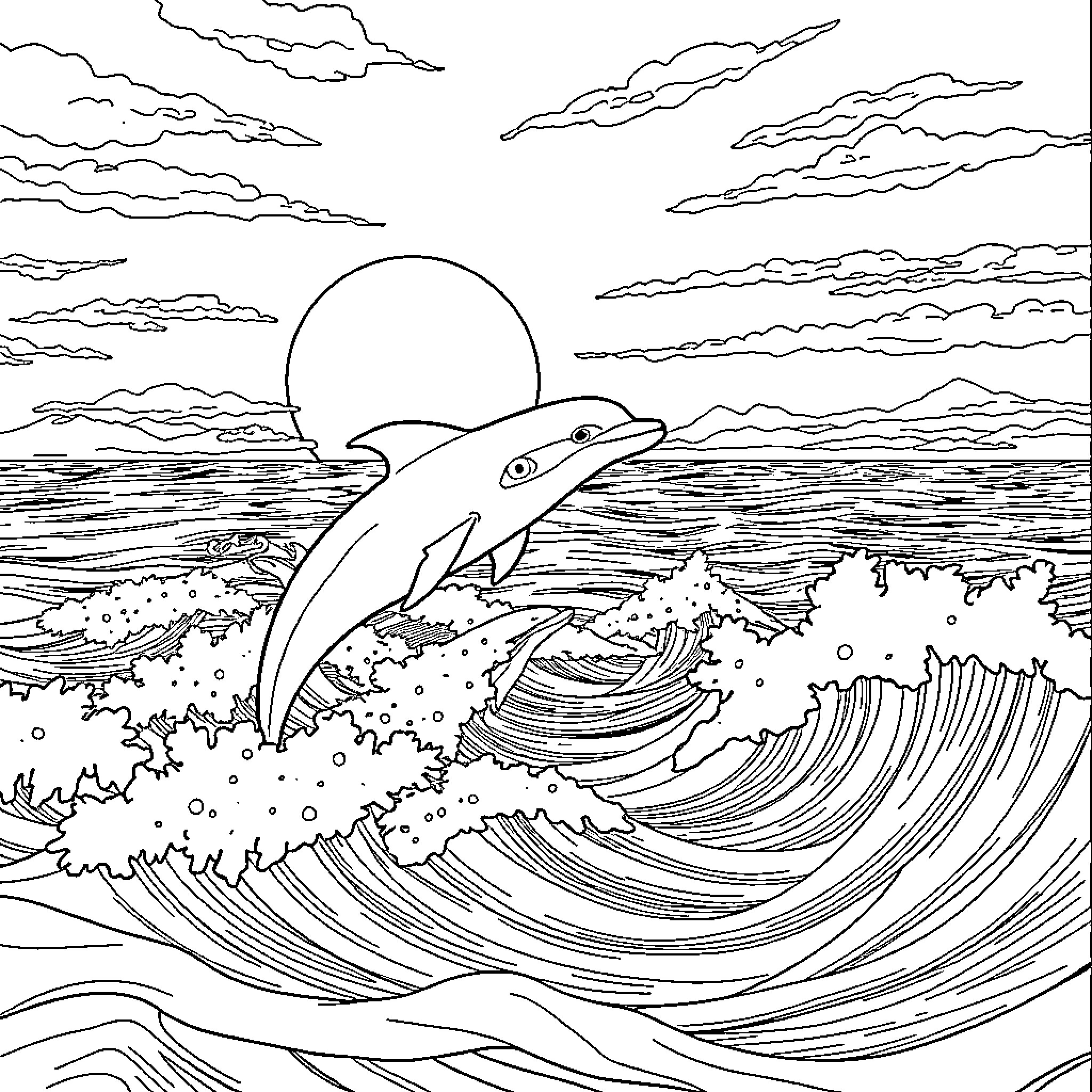 Dolphin leaping over ocean waves at sunset Coloring Page (free black-and-white line drawing printable PDF for all, from beginners to advanced learners, including children, teens, adults, and seniors)