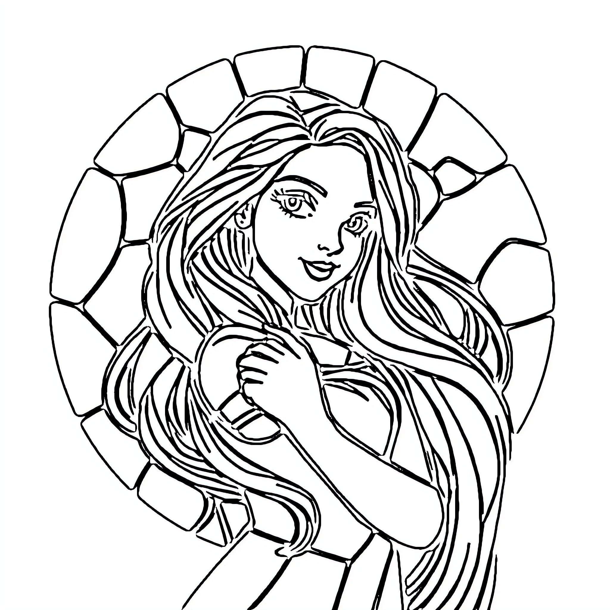 Rapunzel in a stained glass window Coloring Page (free black-and-white line drawing printable PDF for all, from beginners to advanced learners, including children, teens, adults, and seniors)