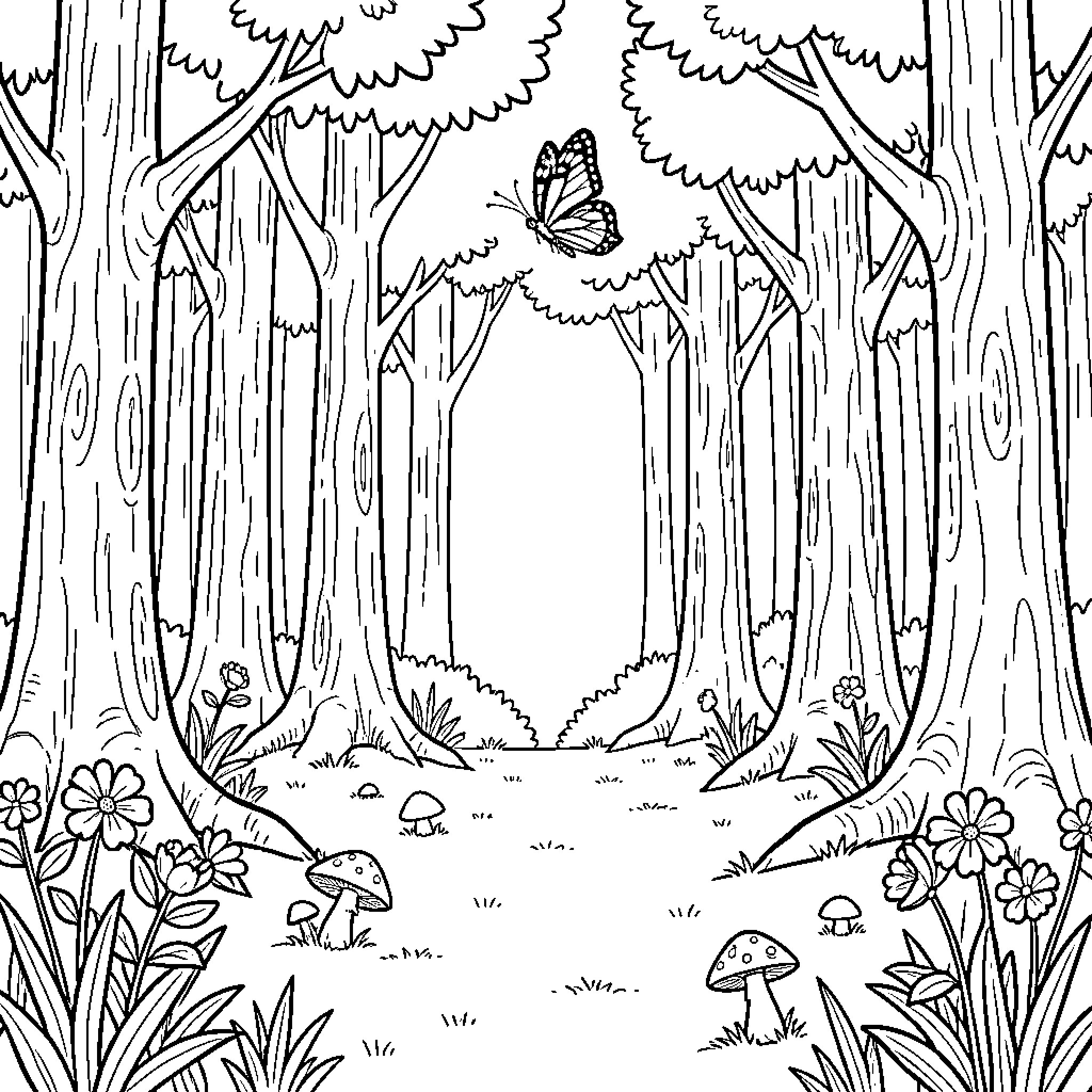 Forest scene with butterflies and mushrooms among trees Coloring Page (free black-and-white line drawing printable PDF for all, from beginners to advanced learners, including children, teens, adults, and seniors)