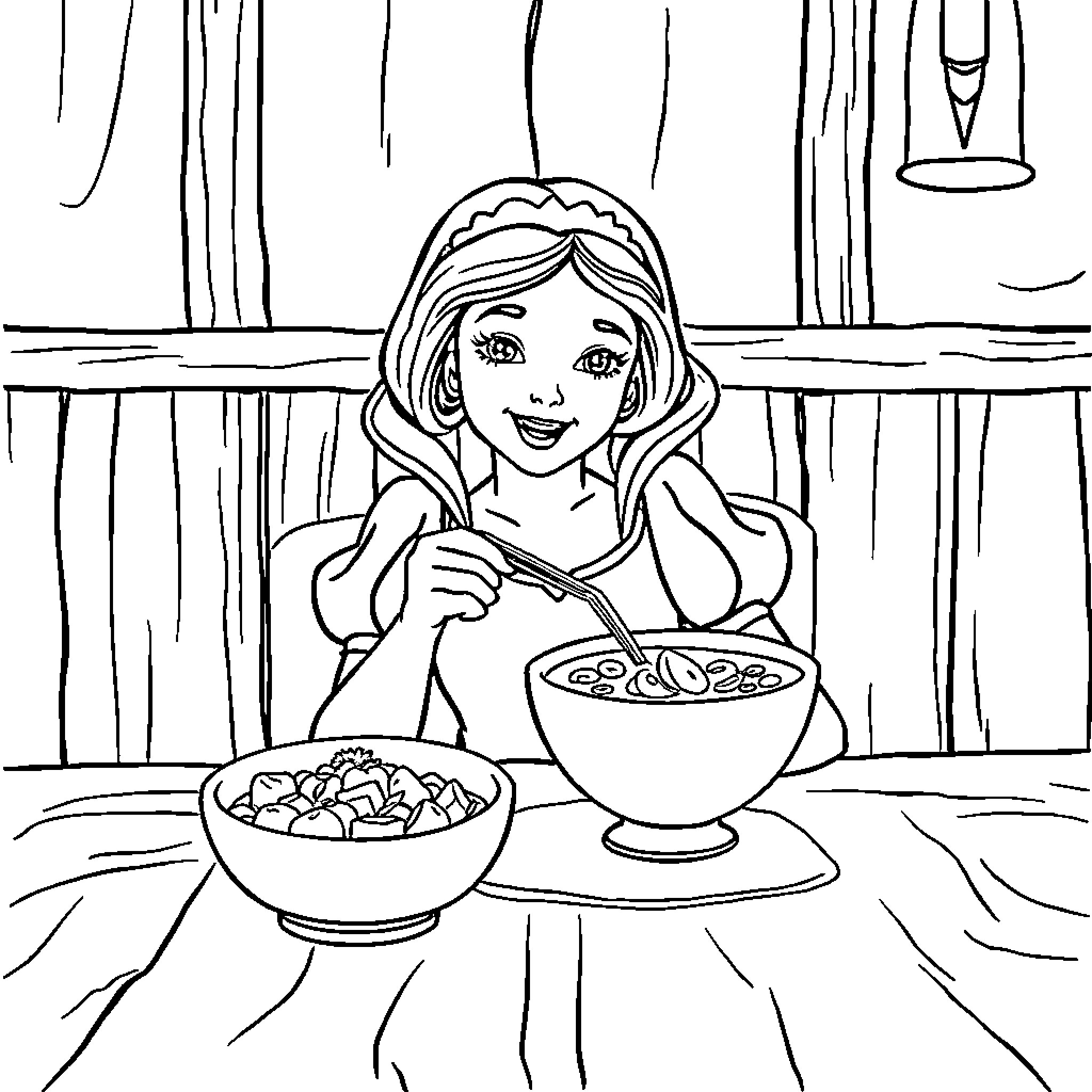 Snow White Enjoying a Meal in the Cottage Coloring Page (free black-and-white line drawing printable PDF for all, from beginners to advanced learners, including children, teens, adults, and seniors)