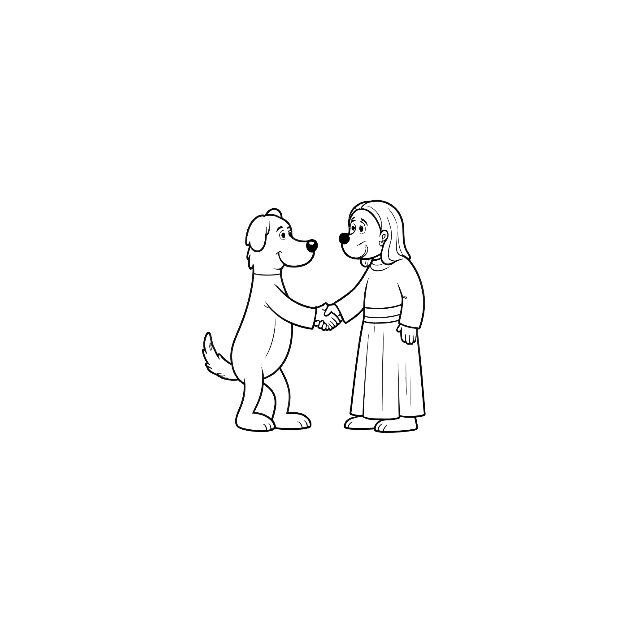 Dog and girl shaking hands Coloring Page (free black-and-white line drawing printable PDF for all, from beginners to advanced learners, including children, teens, adults, and seniors)