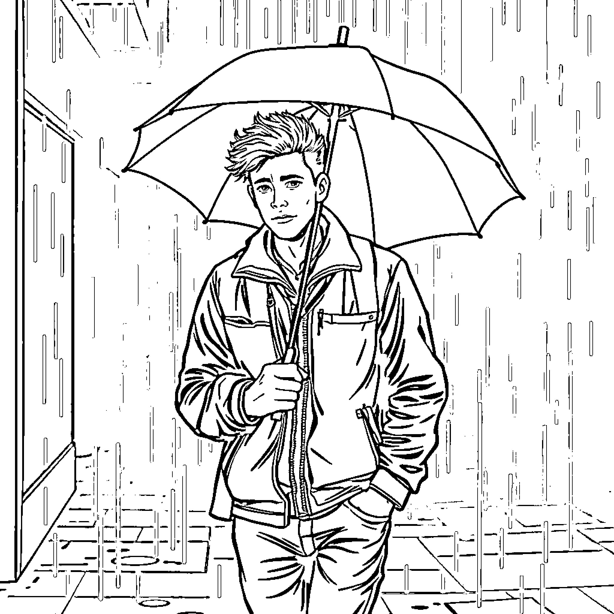 Man walking in the rain with an umbrella Coloring Page (free black-and-white line drawing printable PDF for all, from beginners to advanced learners, including children, teens, adults, and seniors)
