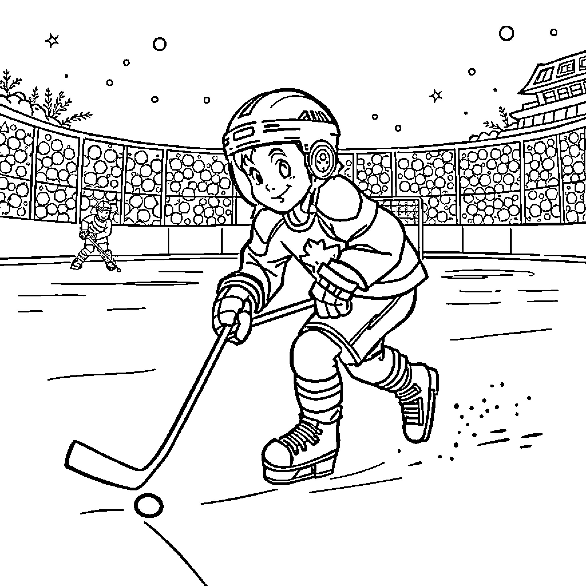 Boy playing ice hockey on the rink Coloring Page (free black-and-white line drawing printable PDF for all, from beginners to advanced learners, including children, teens, adults, and seniors)