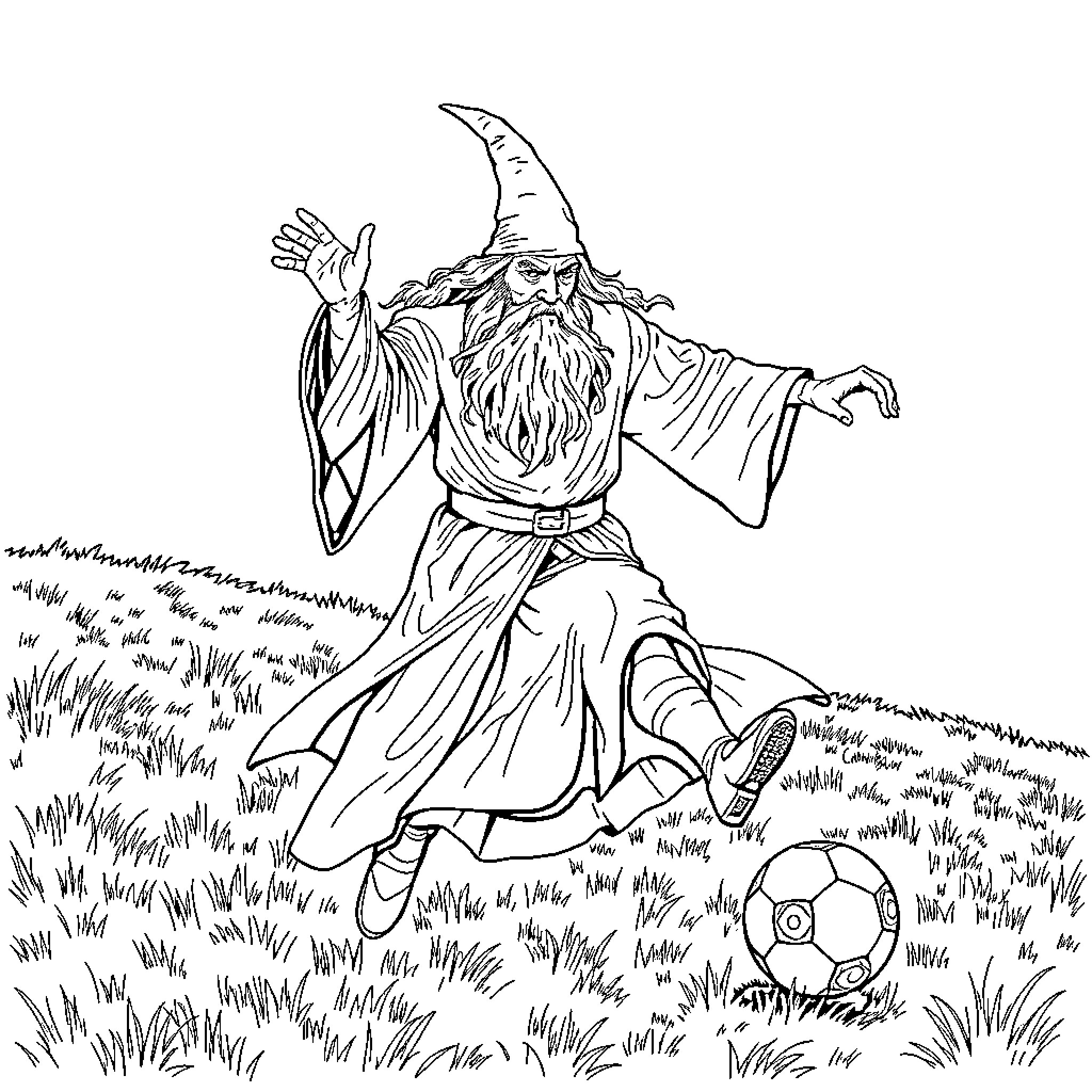 Gandalf the Wizard in Whimsical Adventure Coloring Page (free black-and-white line drawing printable PDF for all, from beginners to advanced learners, including children, teens, adults, and seniors)
