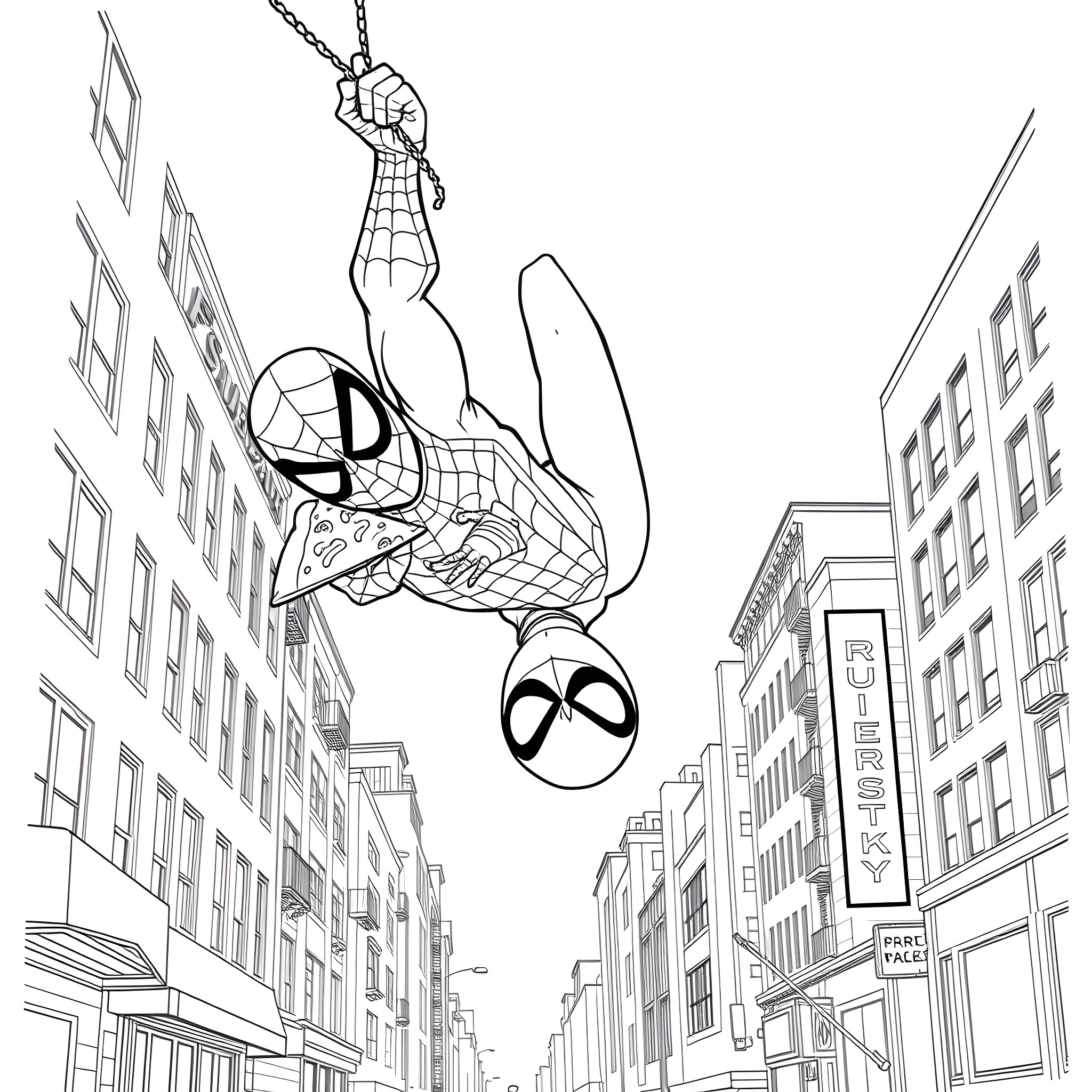 Spider-Man swinging through the city streets Coloring Page (free black-and-white line drawing printable PDF for all, from beginners to advanced learners, including children, teens, adults, and seniors)