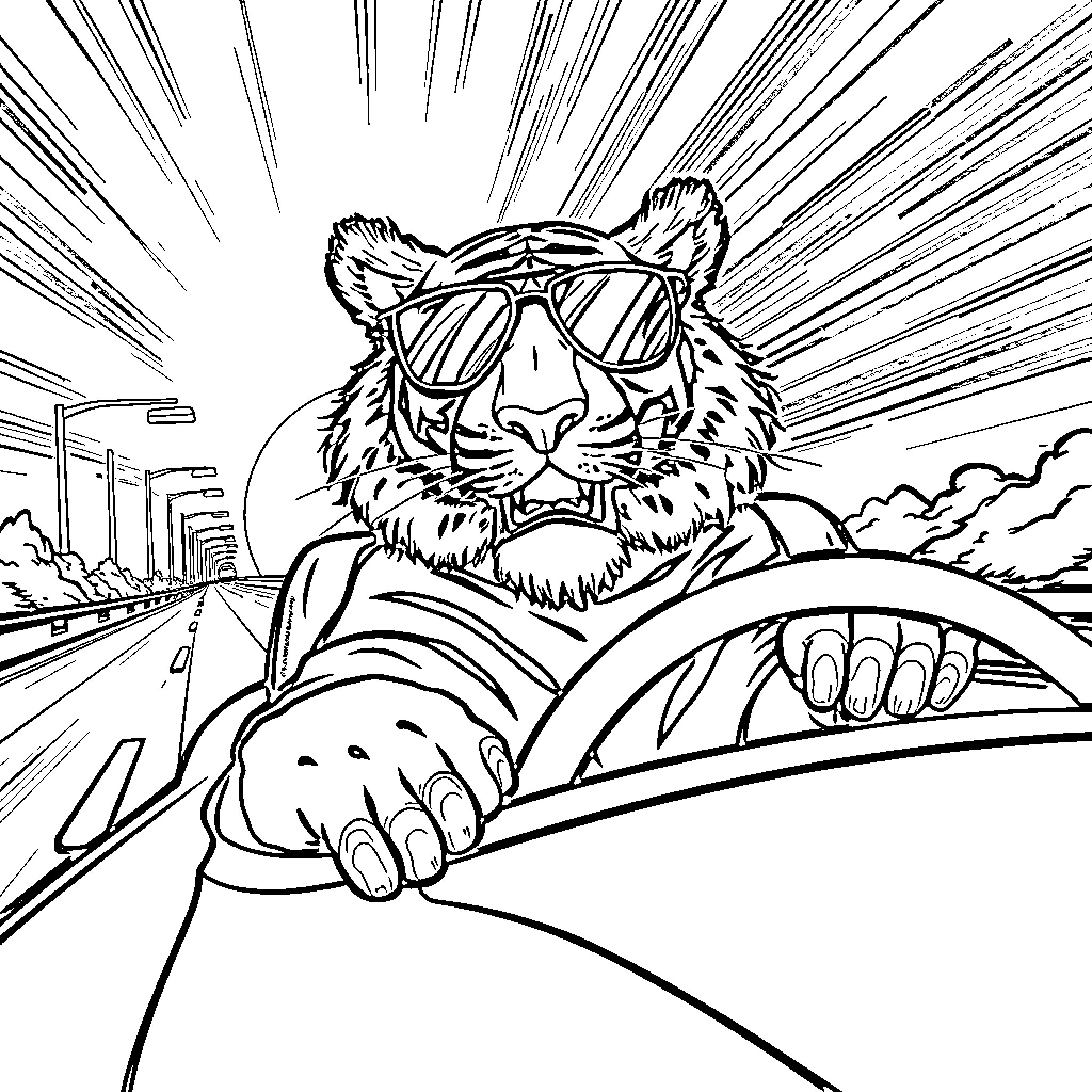 Tiger driving a car with sunglasses Coloring Page (free black-and-white line drawing printable PDF for all, from beginners to advanced learners, including children, teens, adults, and seniors)