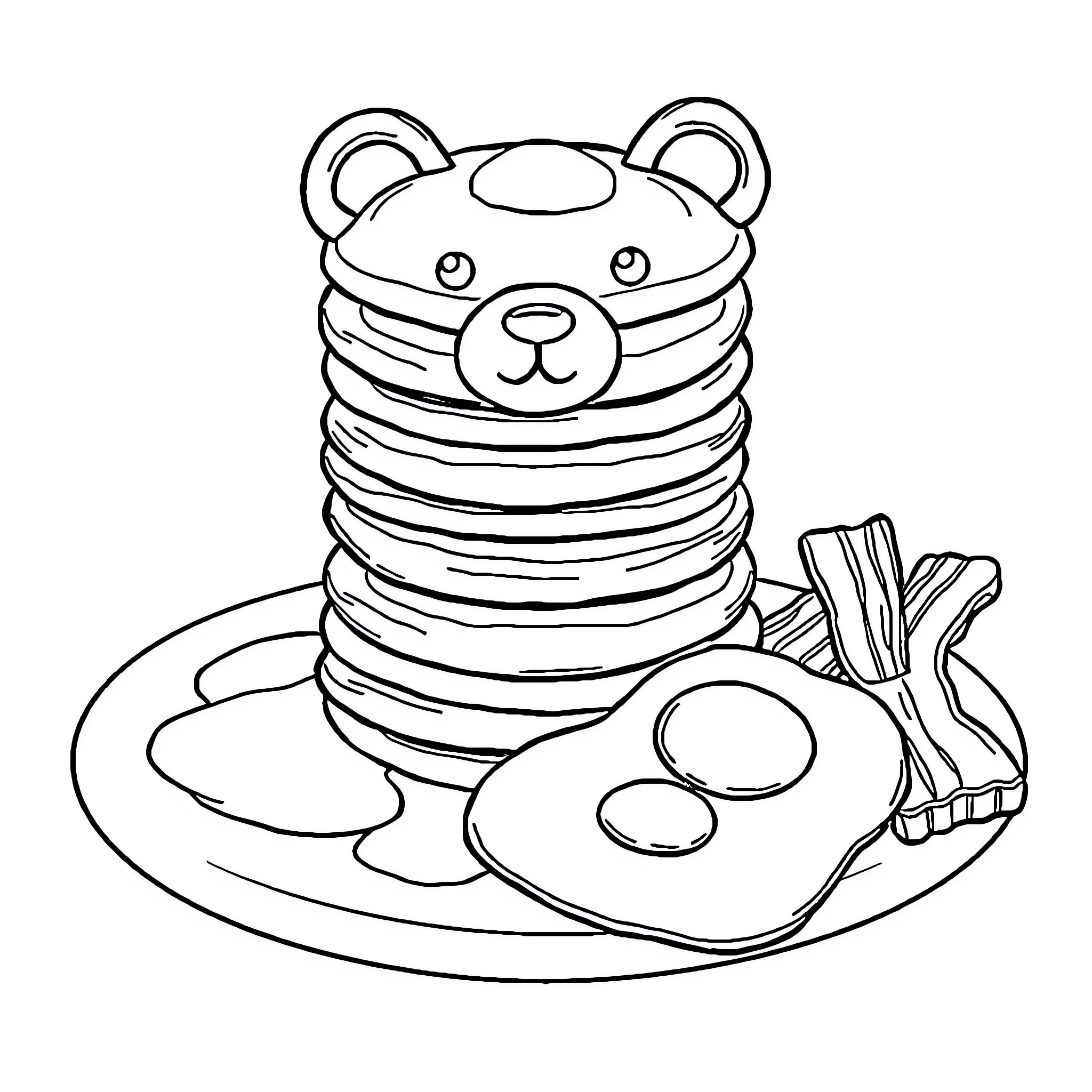 Bear with a stack of pancakes and eggs Coloring Page (free black-and-white line drawing printable PDF for all, from beginners to advanced learners, including children, teens, adults, and seniors)