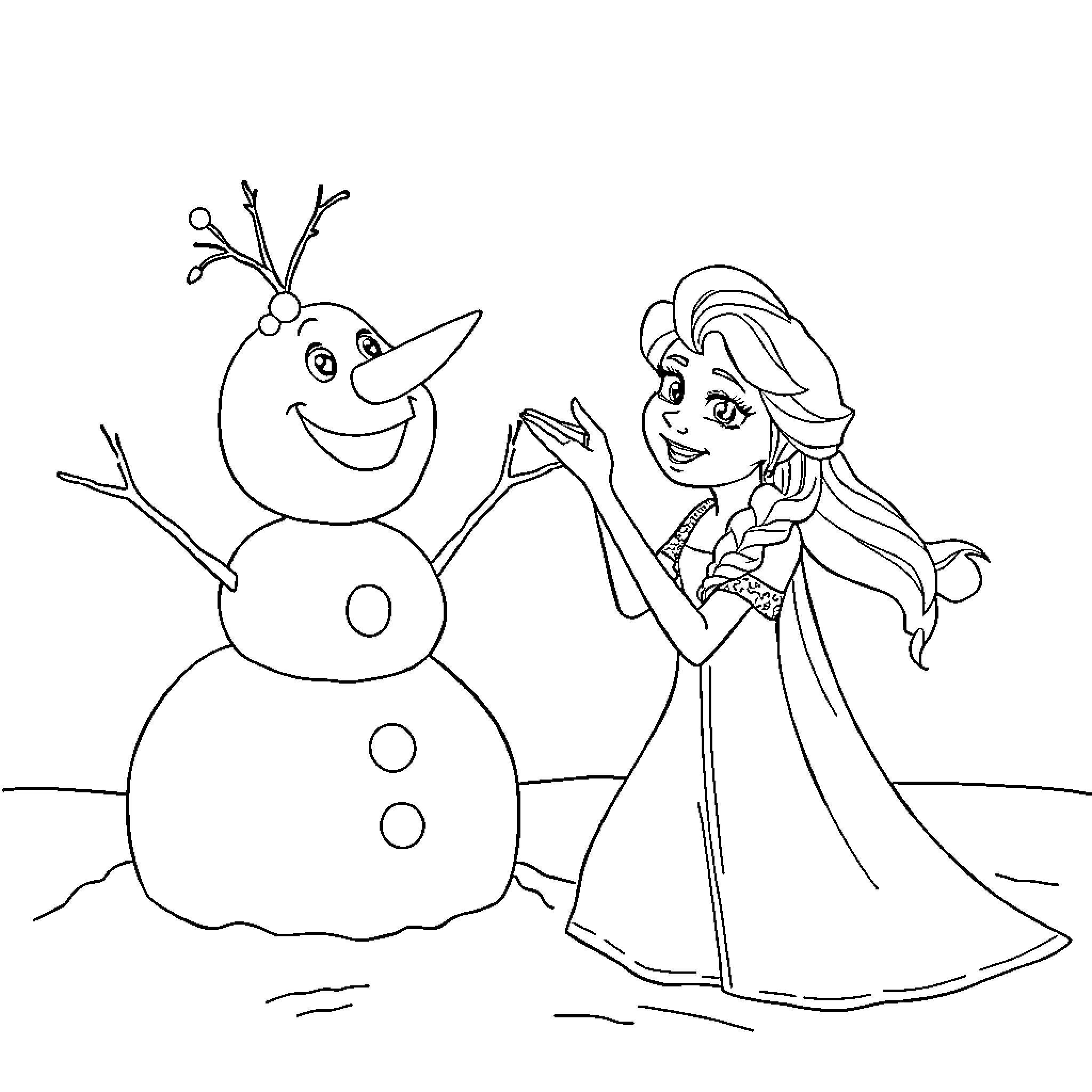 Elsa building a friendly snowman Coloring Page (free black-and-white line drawing printable PDF for all, from beginners to advanced learners, including children, teens, adults, and seniors)