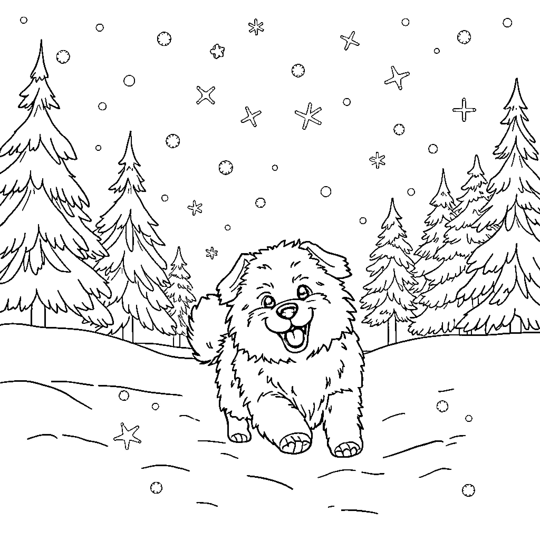 Dog playing happily in the snowy forest Coloring Page (free black-and-white line drawing printable PDF for all, from beginners to advanced learners, including children, teens, adults, and seniors)