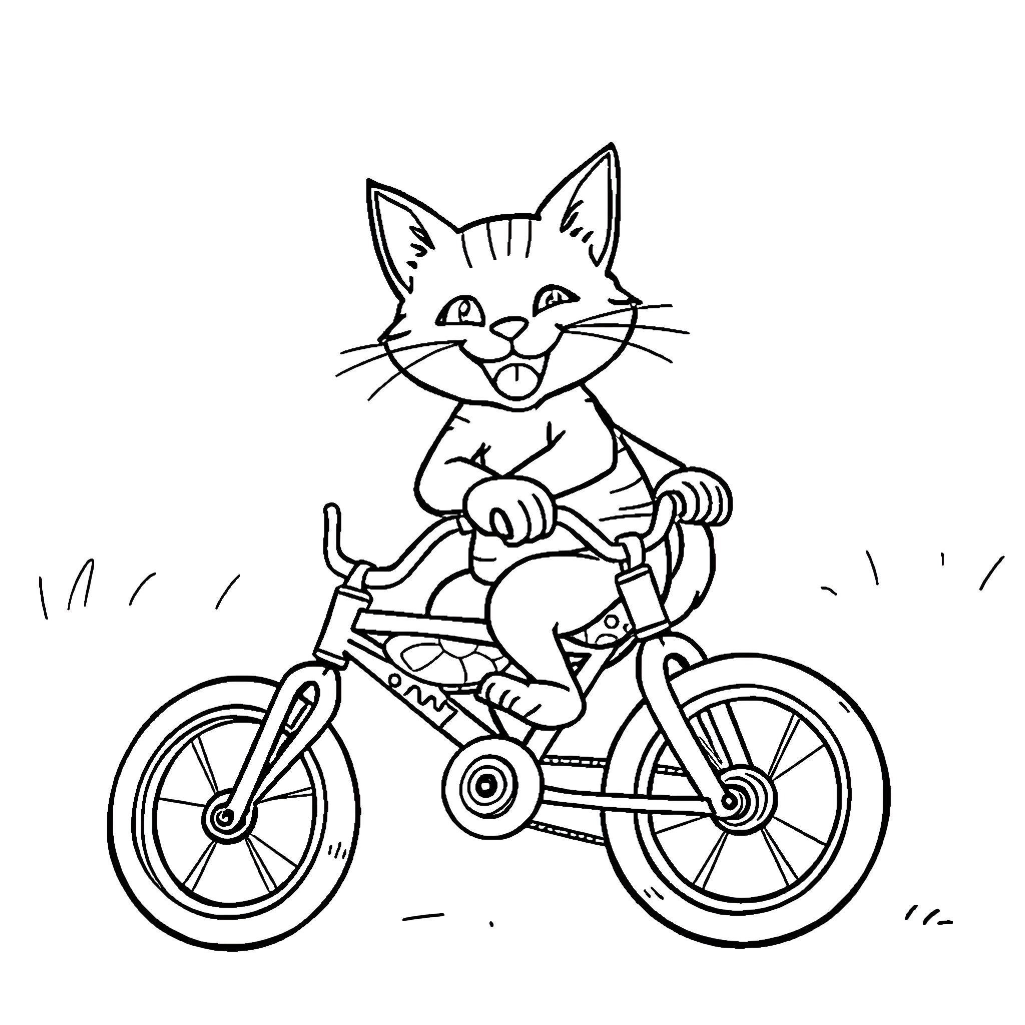 Cat riding a bicycle with joy Coloring Page (free black-and-white line drawing printable PDF for all, from beginners to advanced learners, including children, teens, adults, and seniors)