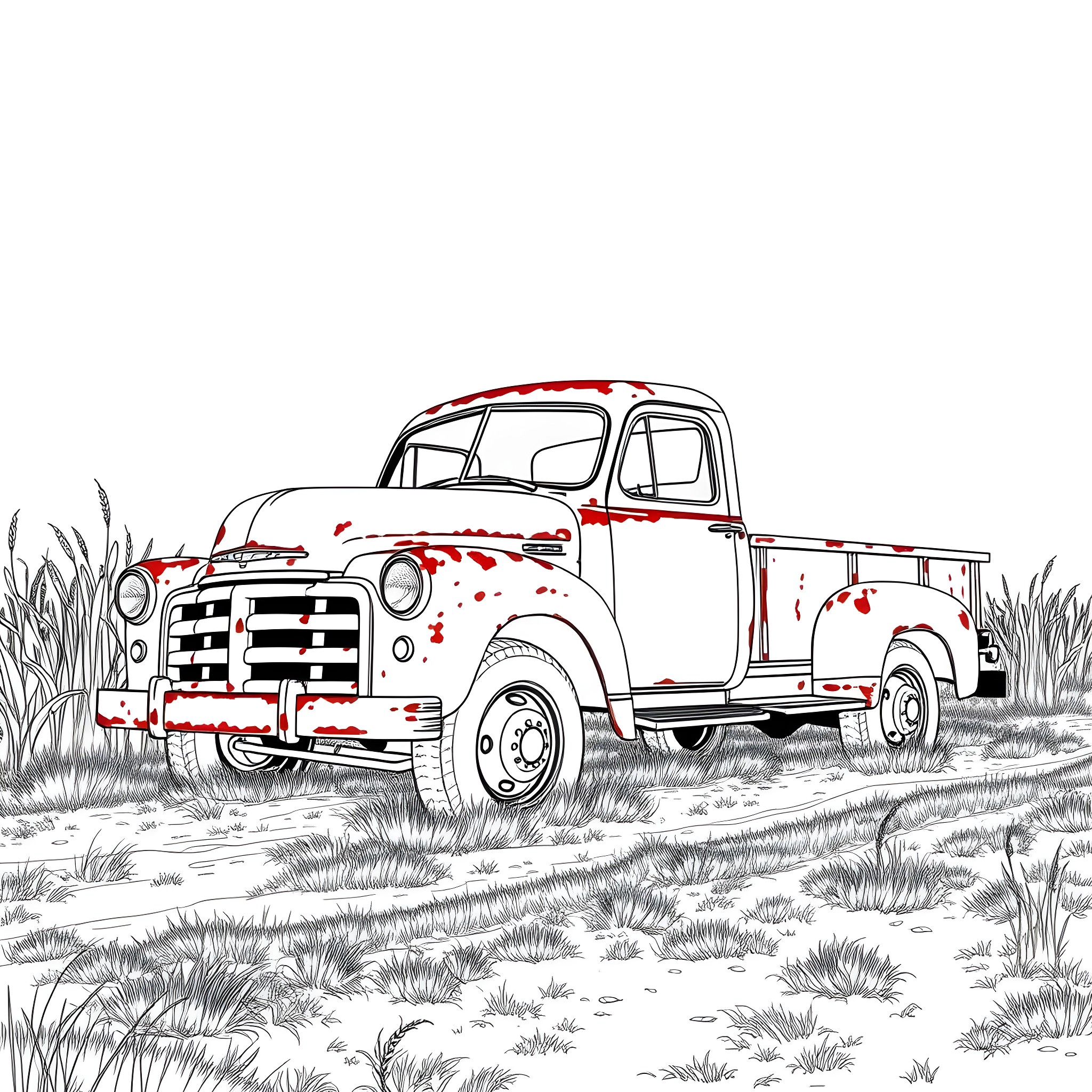 Truck in a field with grass Coloring Page (free black-and-white line drawing printable PDF for all, from beginners to advanced learners, including children, teens, adults, and seniors)