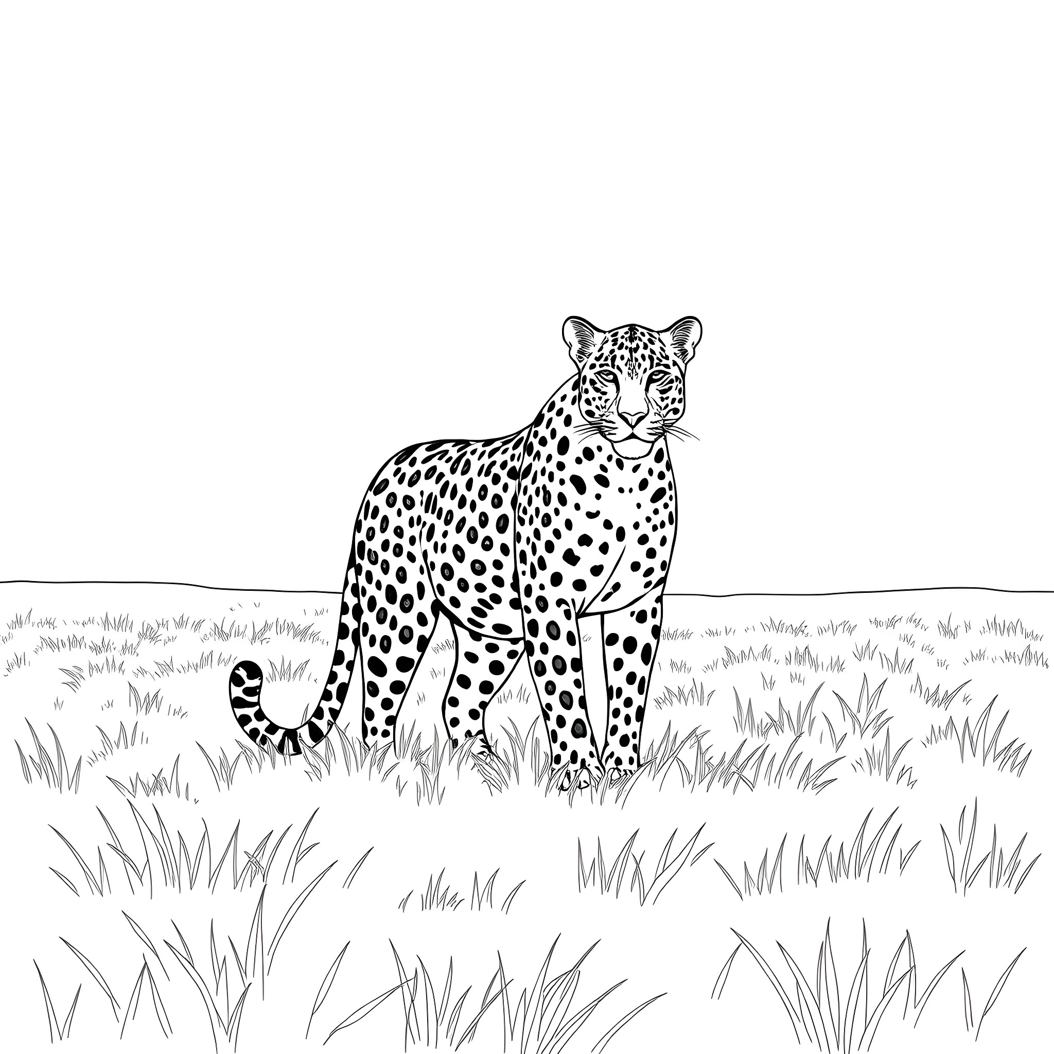 Leopard standing in the grass Coloring Page (free black-and-white line drawing printable PDF for all, from beginners to advanced learners, including children, teens, adults, and seniors)