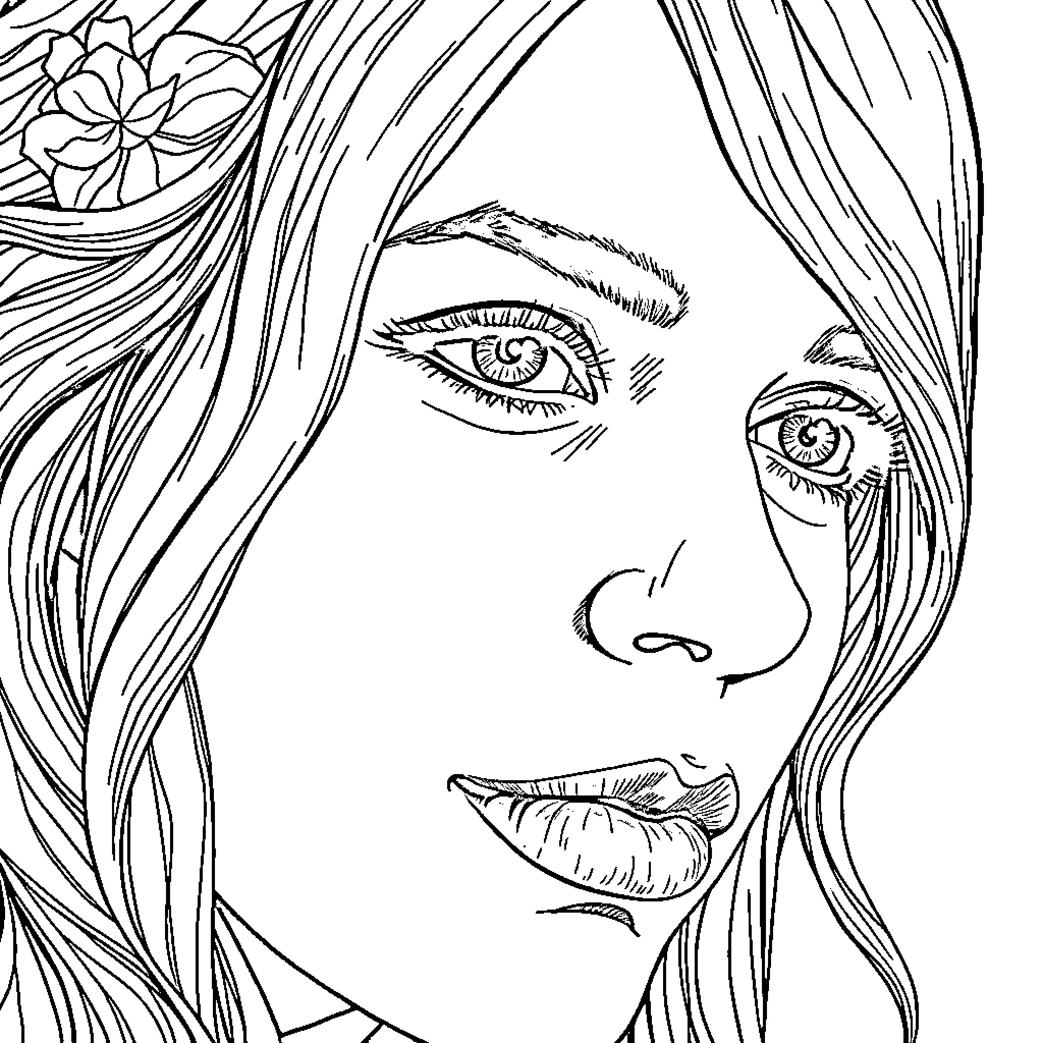 Portrait of a woman with detailed facial features Coloring Page (free black-and-white line drawing printable PDF for all, from beginners to advanced learners, including children, teens, adults, and seniors)