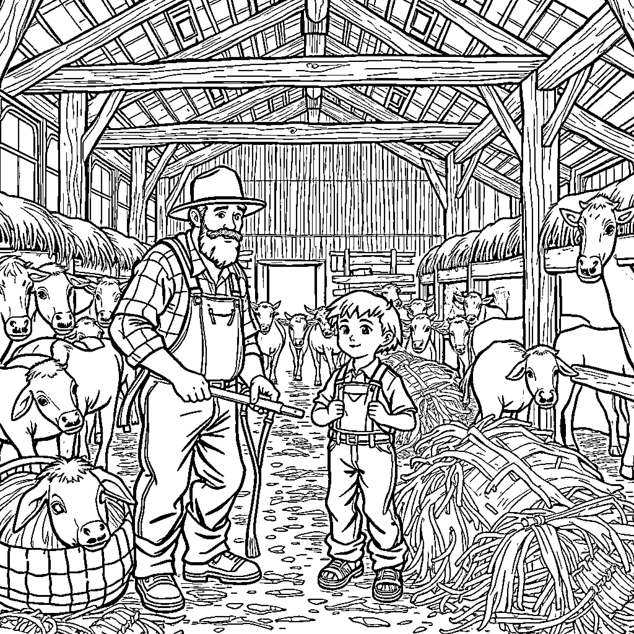 Farmer and child exploring the barn together Coloring Page (free black-and-white line drawing printable PDF for all, from beginners to advanced learners, including children, teens, adults, and seniors)