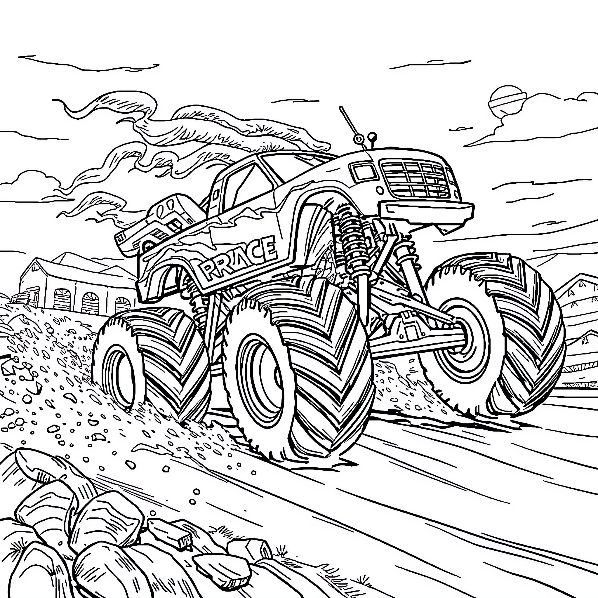 Monster Truck Racing Through the Dirt Track Coloring Page (free black-and-white line drawing printable PDF for all, from beginners to advanced learners, including children, teens, adults, and seniors)