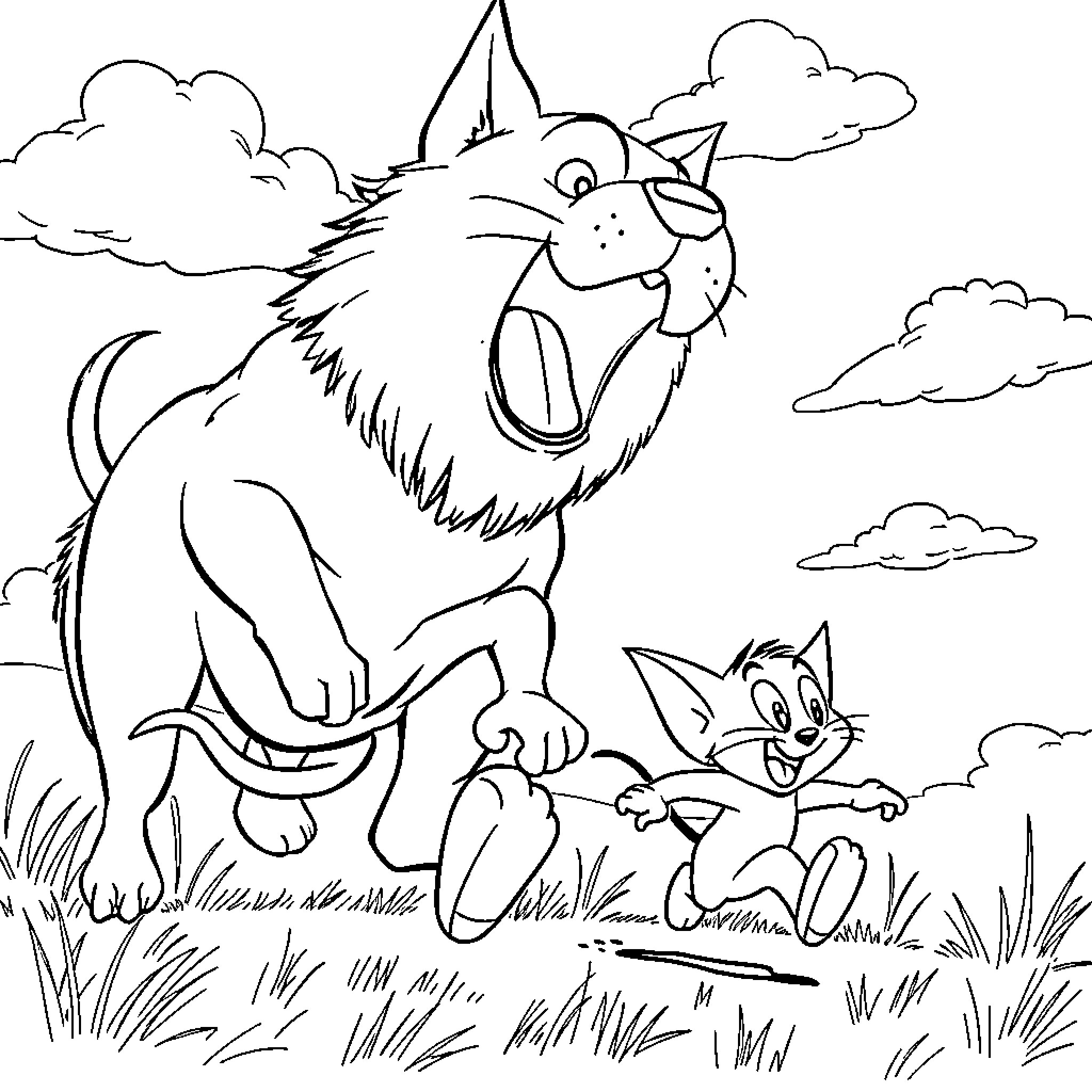 Tom and Jerry's Outdoor Adventure Coloring Page (free black-and-white line drawing printable PDF for all, from beginners to advanced learners, including children, teens, adults, and seniors)