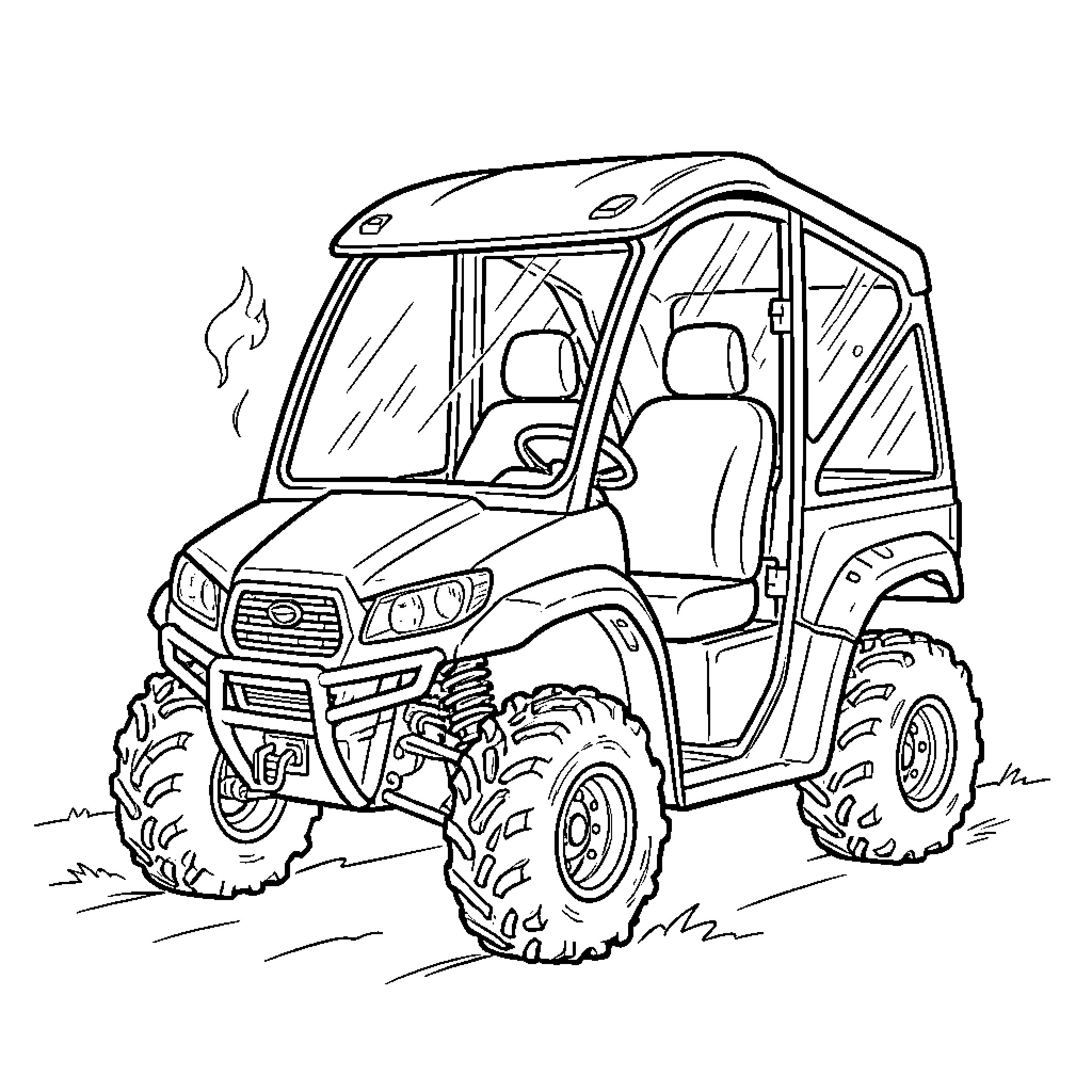 Fourwheeler navigating rugged terrain Coloring Page (free black-and-white line drawing printable PDF for all, from beginners to advanced learners, including children, teens, adults, and seniors)