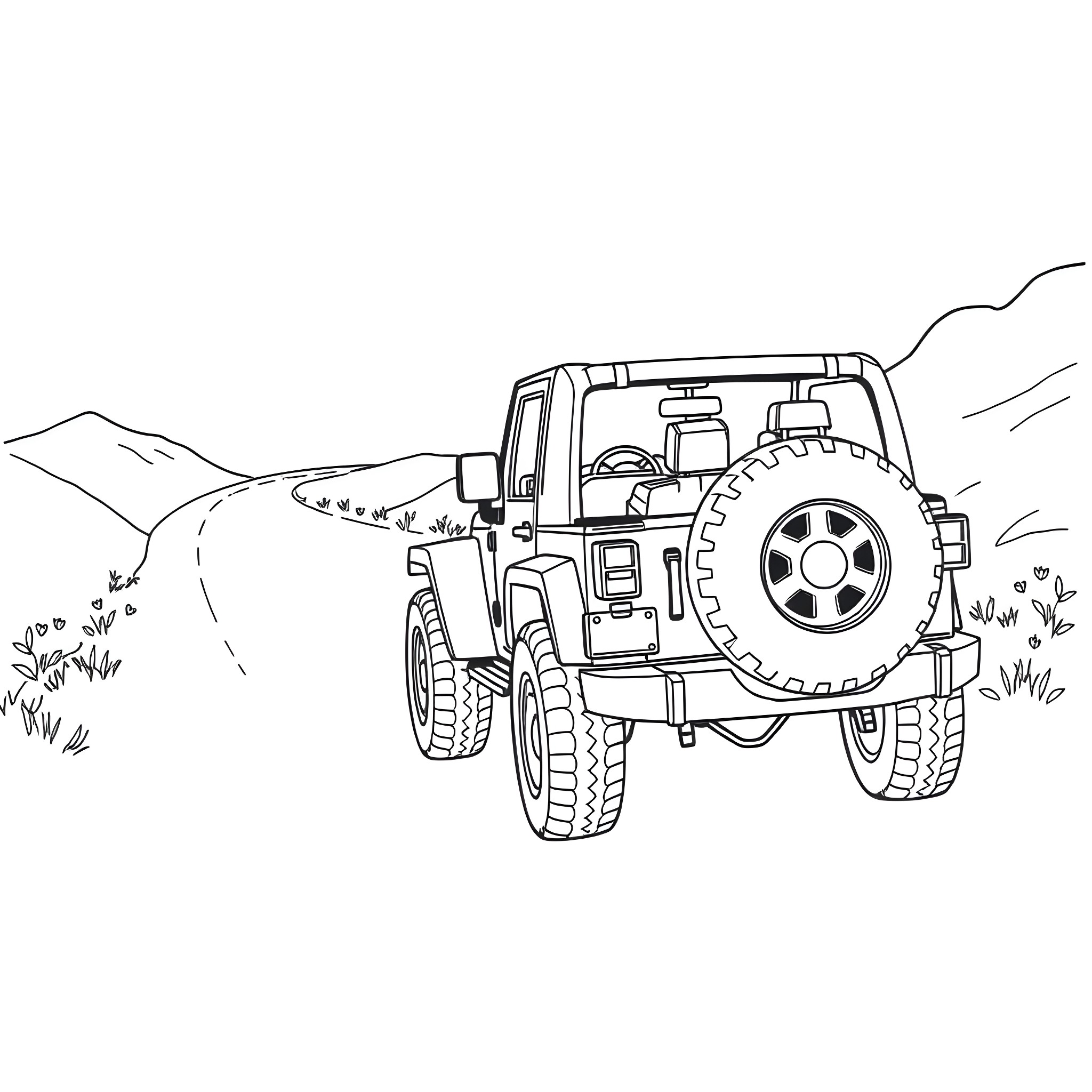 Sadar Ji's Adventurous Off-Road Journey Coloring Page (free black-and-white line drawing printable PDF for all, from beginners to advanced learners, including children, teens, adults, and seniors)