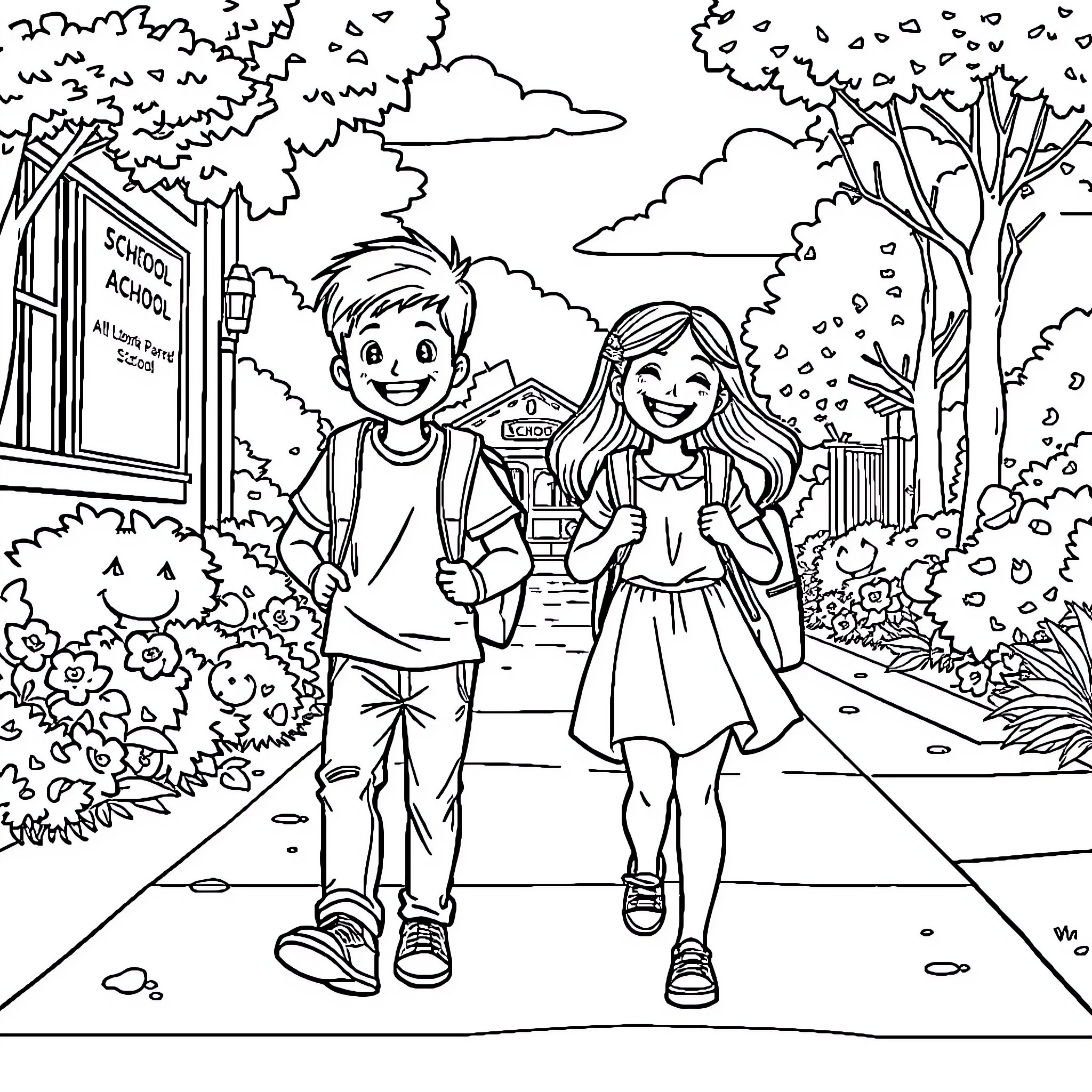 Child Pair Walking to School Together Coloring Page (free black-and-white line drawing printable PDF for all, from beginners to advanced learners, including children, teens, adults, and seniors)