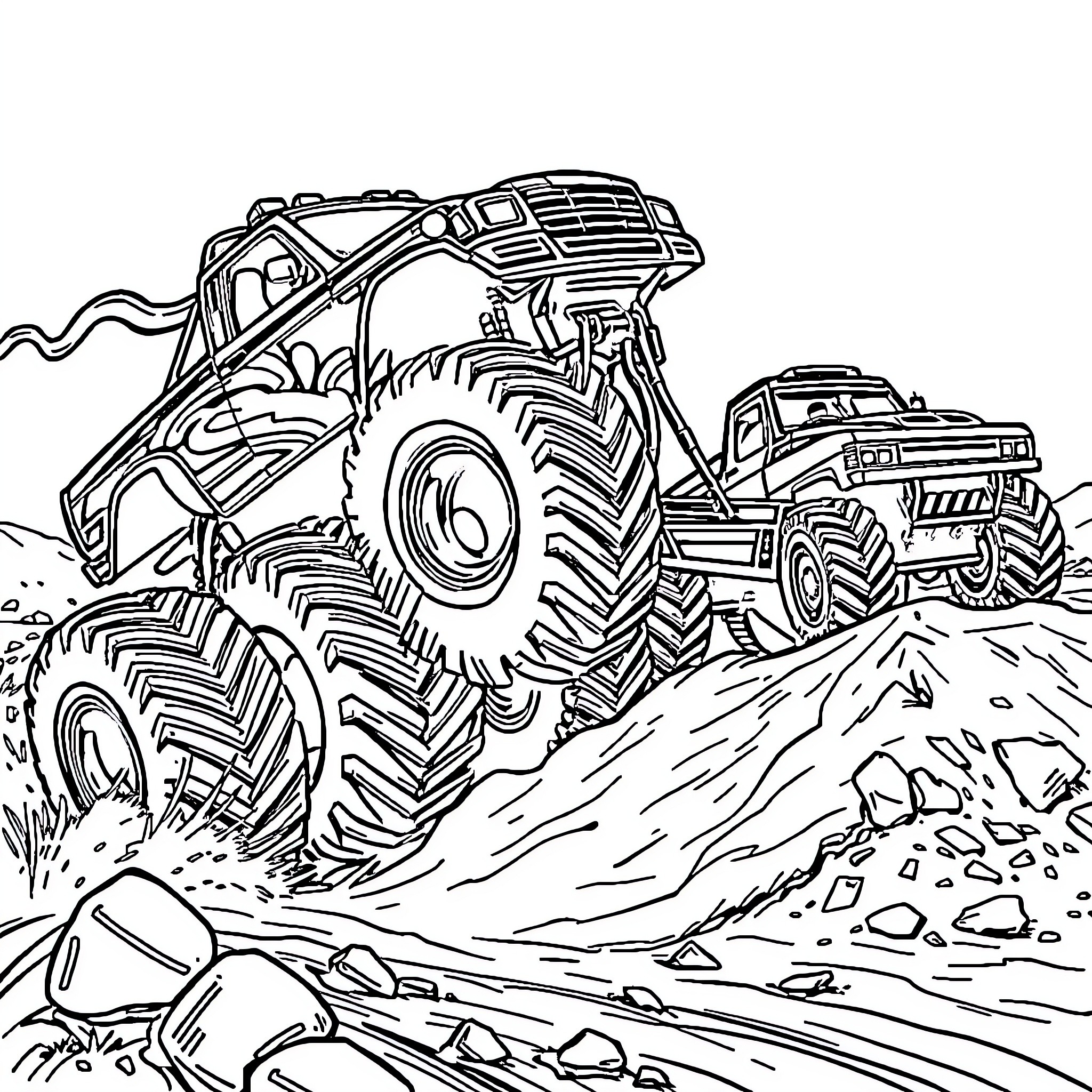 Monster Trucks Tackling Rugged Terrain Coloring Page (free black-and-white line drawing printable PDF for all, from beginners to advanced learners, including children, teens, adults, and seniors)