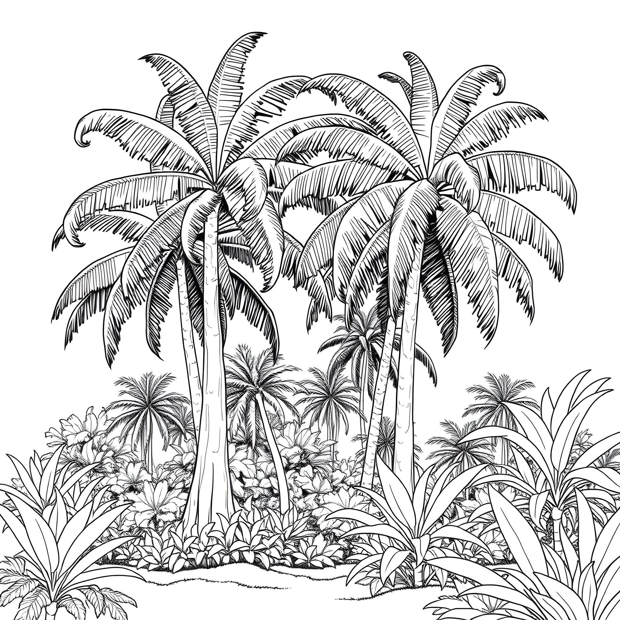 Koa Tree Tropical Landscape Illustration Coloring Page (free black-and-white line drawing printable PDF for all, from beginners to advanced learners, including children, teens, adults, and seniors)
